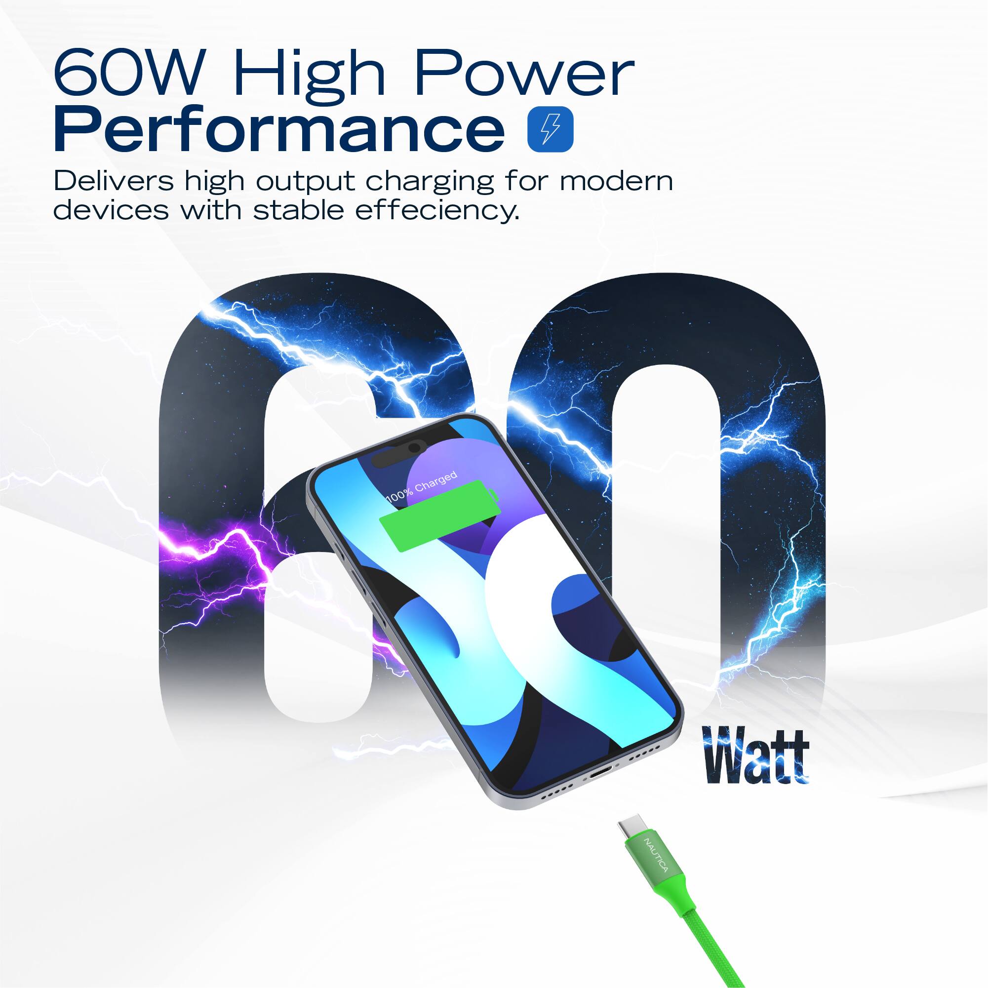 60W High Power Performance  
Delivers high output charging for modern devices with stable efficiency.  
Charged 100%  
Watt