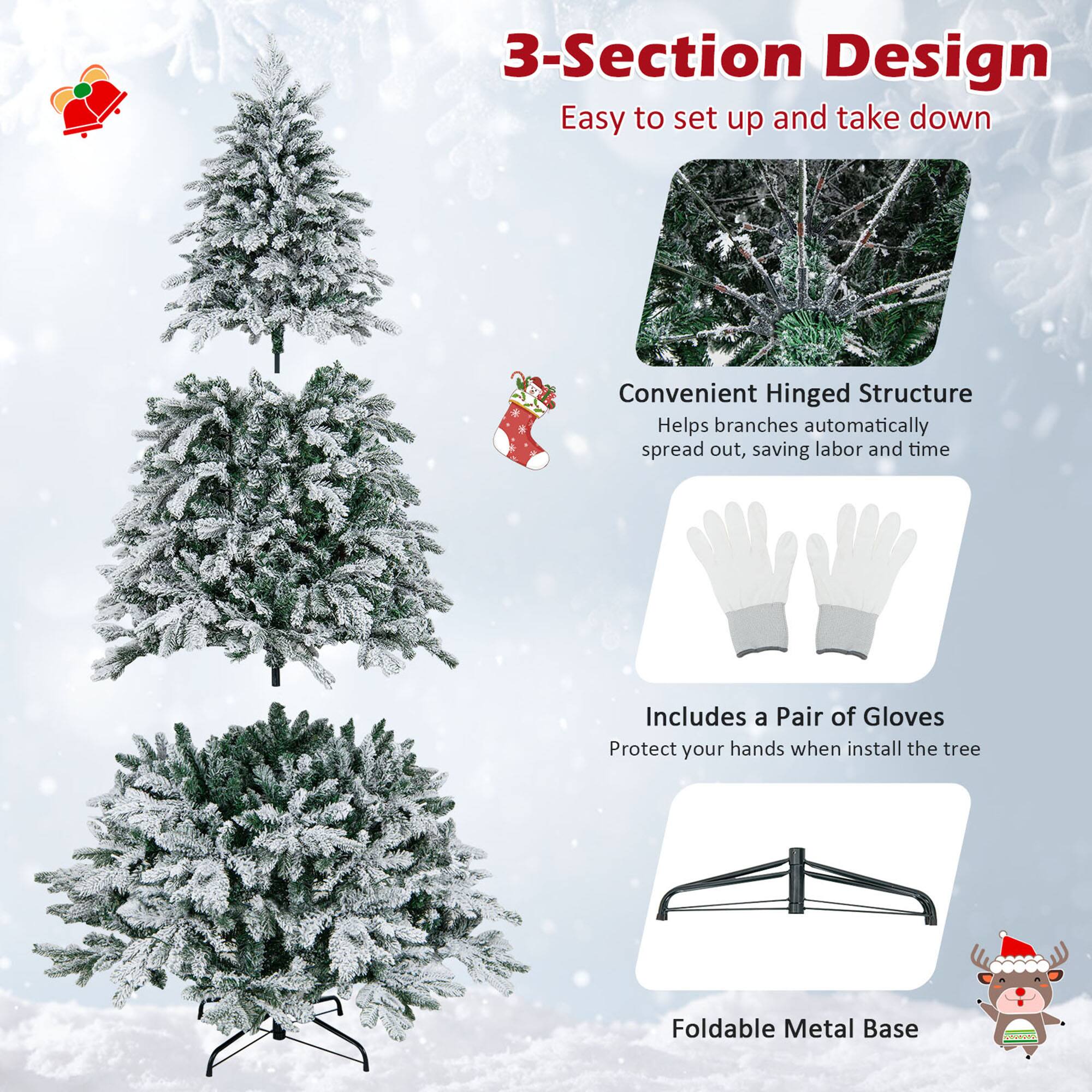 3-Section Design  
Easy to set up and take down  

Convenient Hinged Structure  
Helps branches automatically spread out, saving labor and time  

Includes a Pair of Gloves  
Protect your hands when install the tree  

Foldable Metal Base