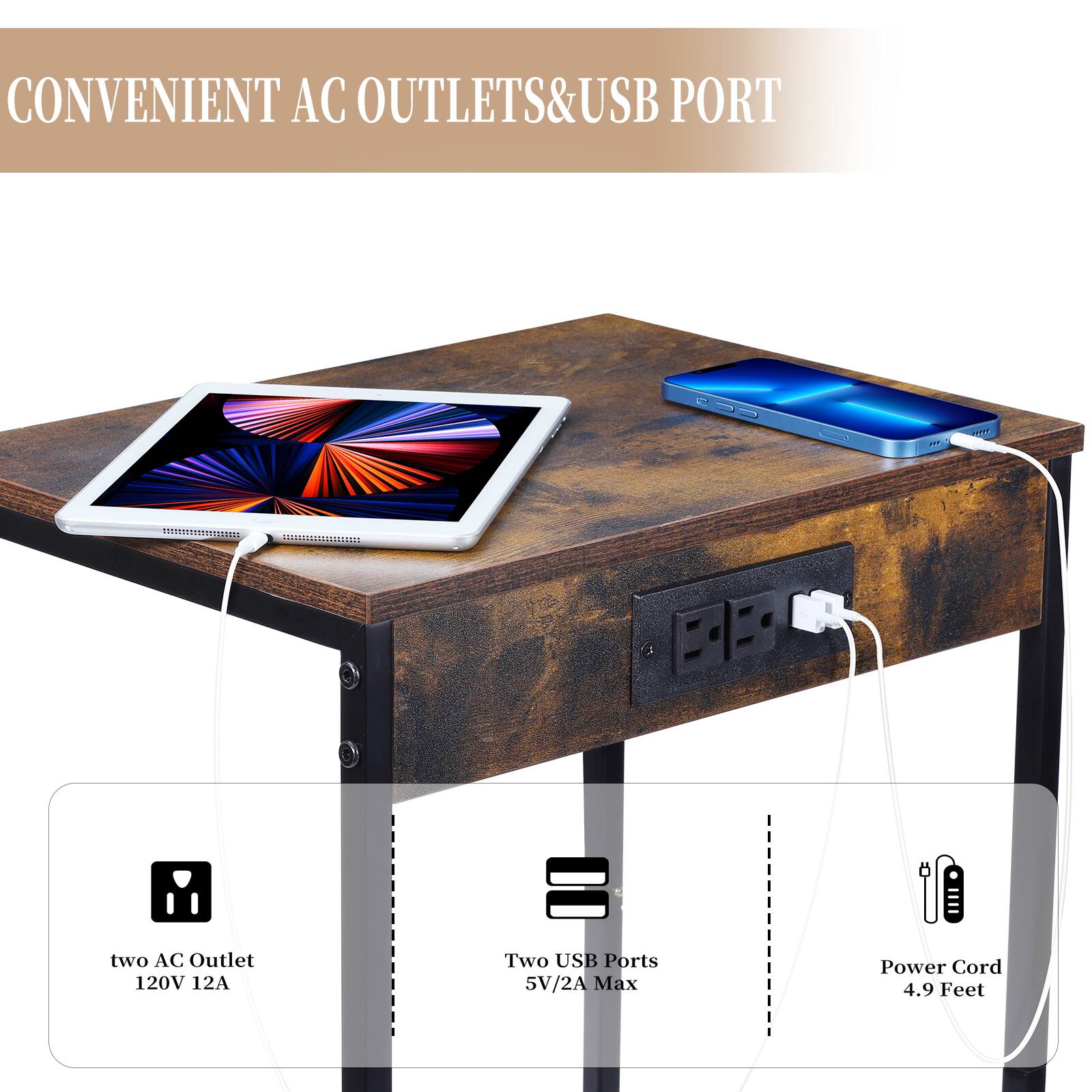 CONVENIENT AC OUTLETS & USB PORT

- Two AC Outlet 120V 12A
- Two USB Ports 5V/2A Max
- Power Cord 4.9 Feet