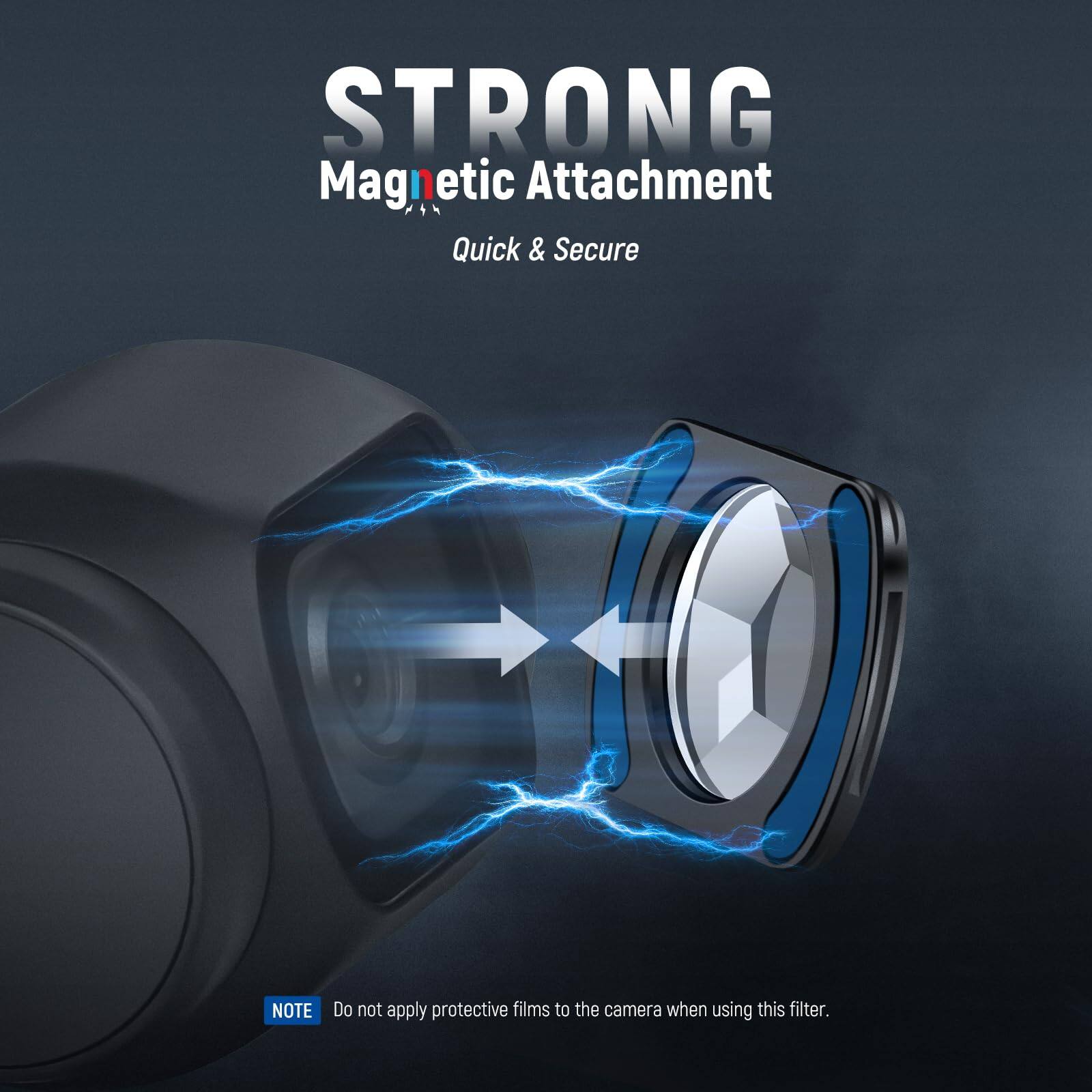 STRONG Magnetic Attachment  
Quick & Secure  

NOTE: Do not apply protective films to the camera when using this filter.