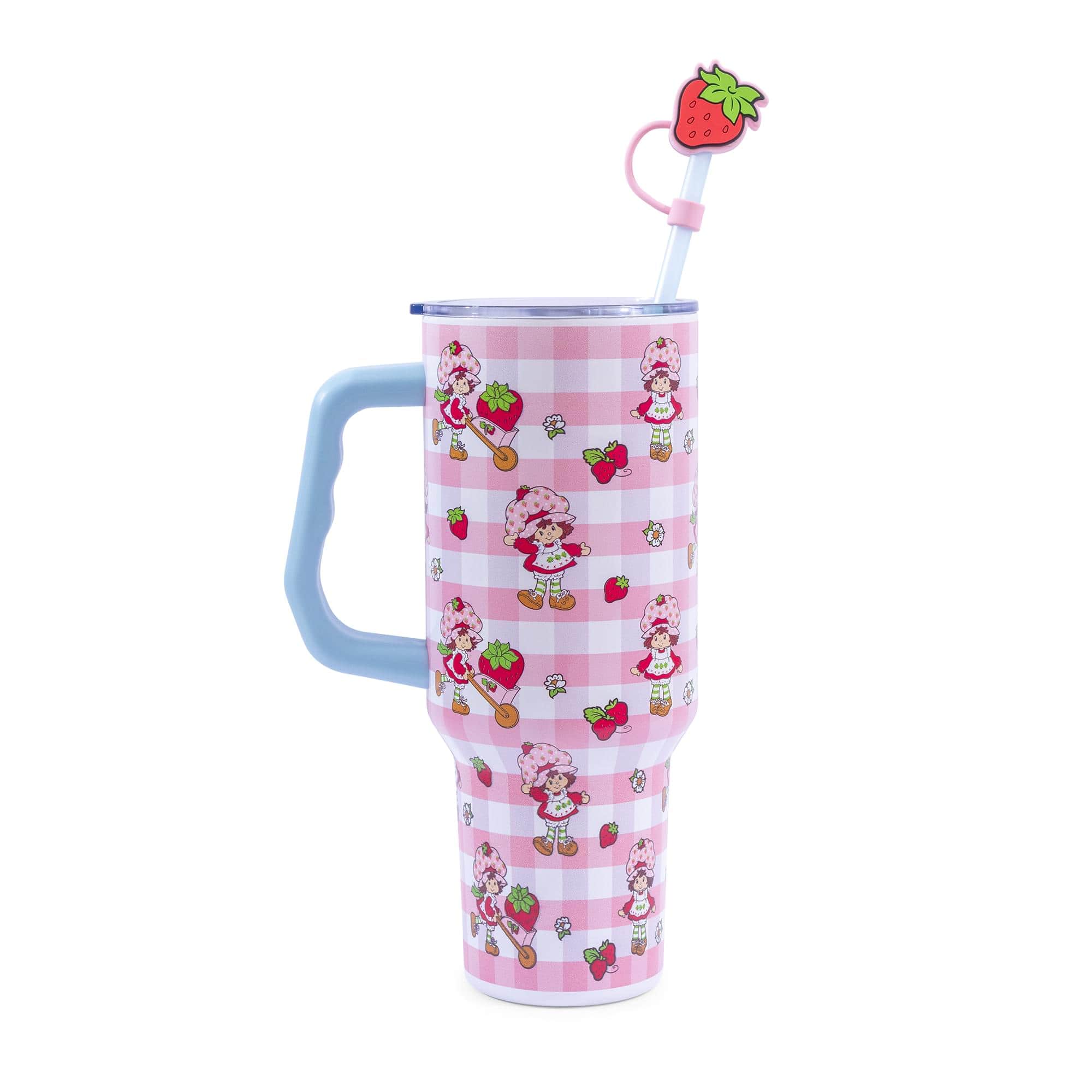 Silver Buffalo- Strawberry Shortcake Pattern 40-Ounce Stainless Steel Tumbler With Handle- Pink