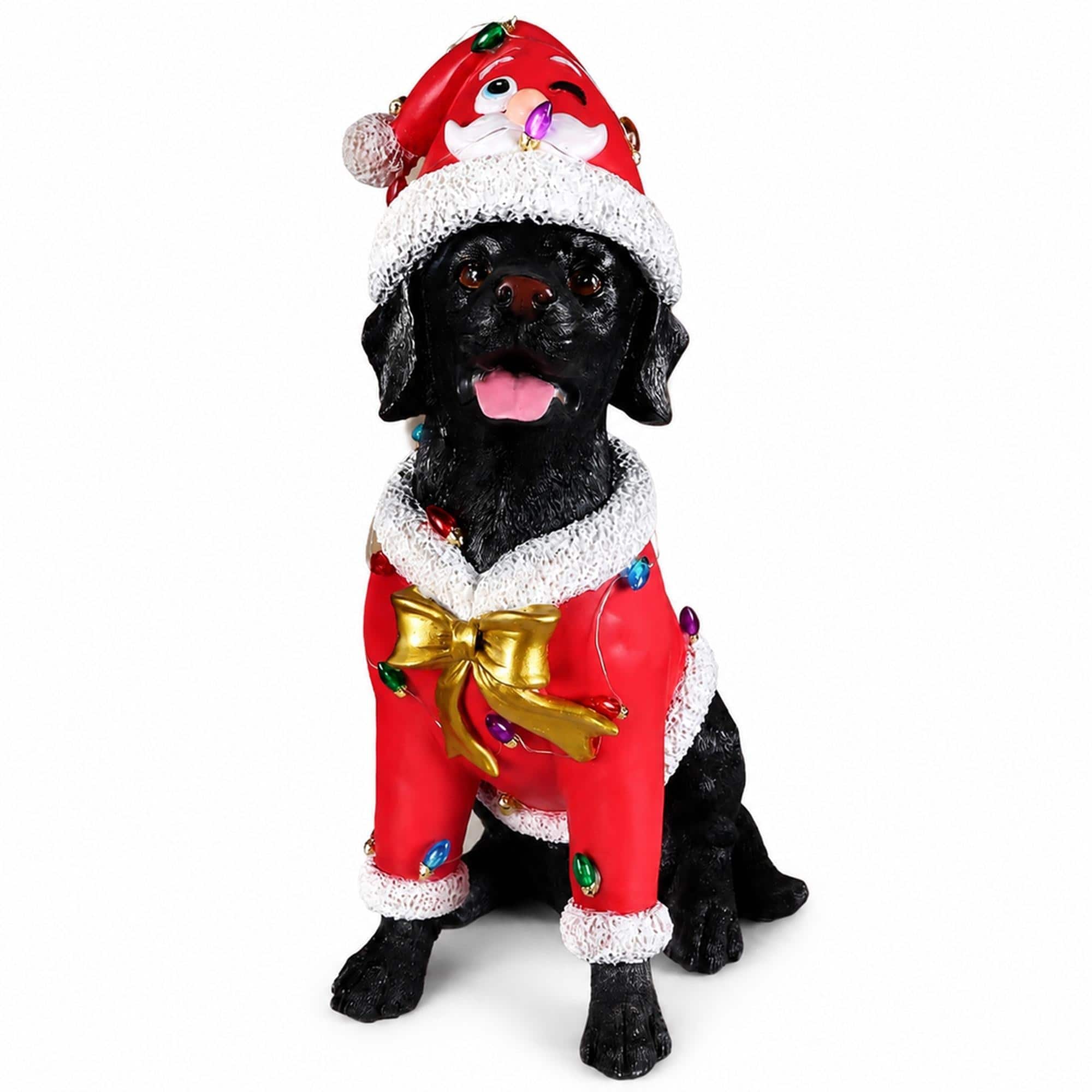 Front. RYHNUYNE - Black Labrador Retriever Christmas Statue in Santa Outfit with Holiday Accents for Festive Home Display - Black.