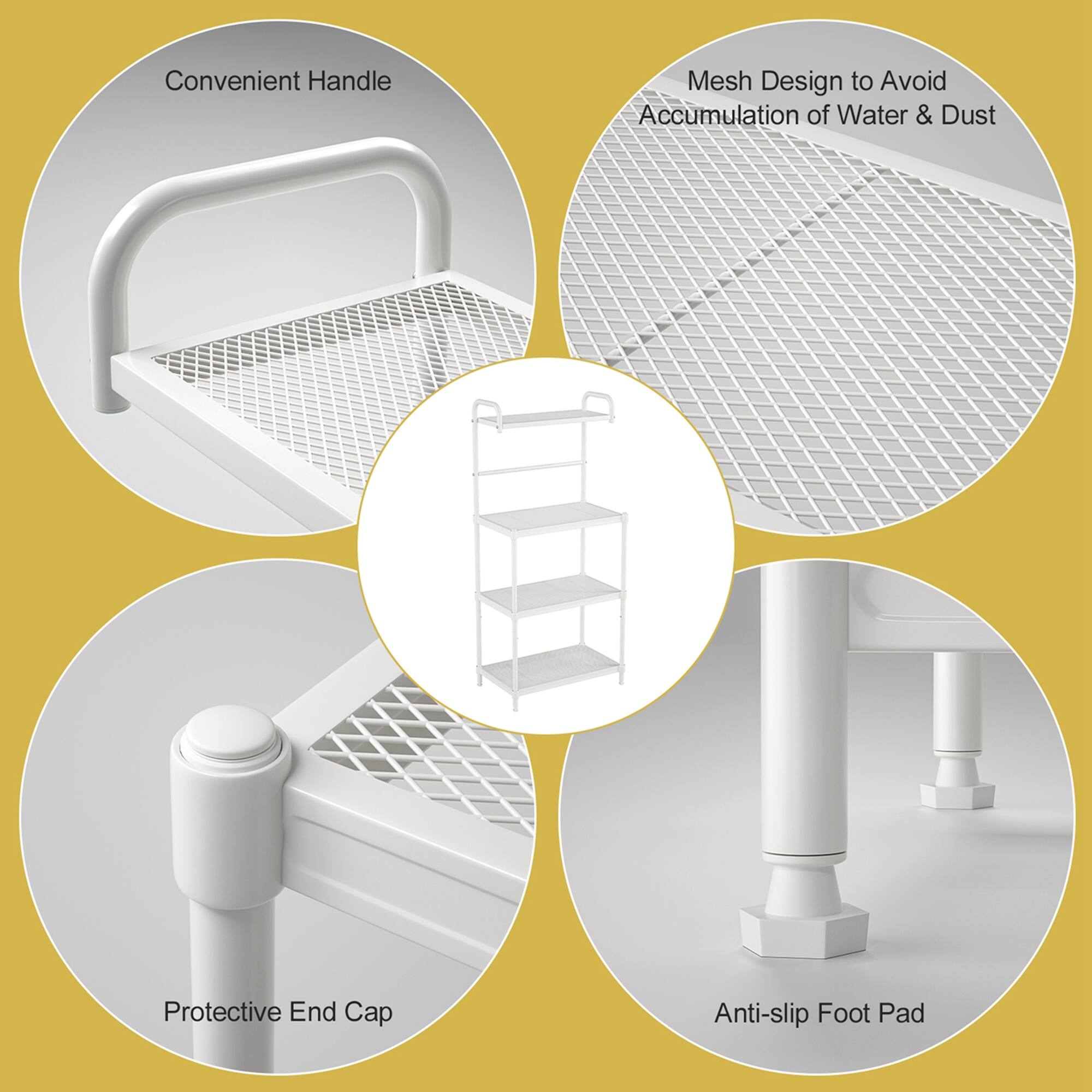 - Convenient Handle
- Mesh Design to Avoid Accumulation of Water & Dust
- Protective End Cap
- Anti-slip Foot Pad