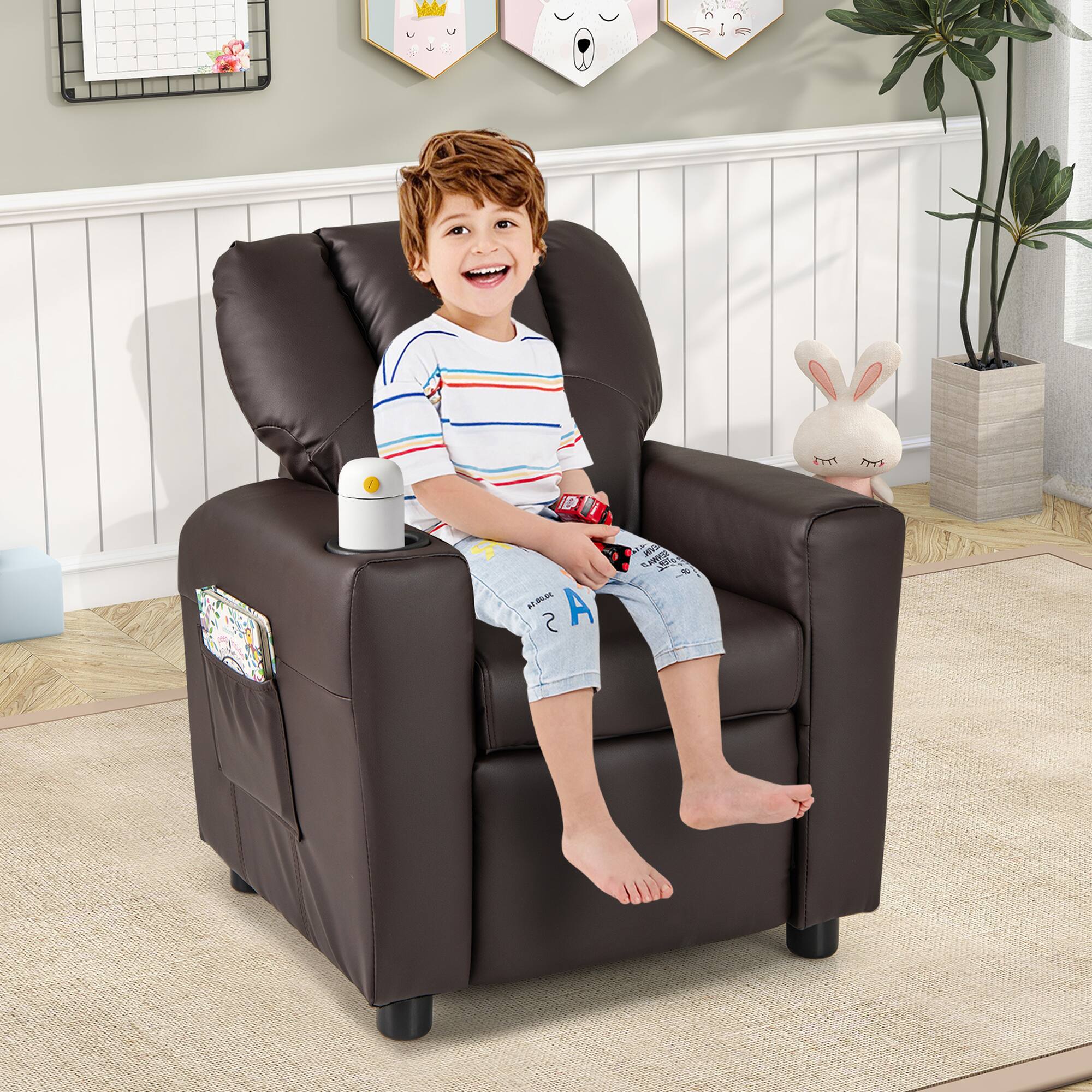 Alt View 3. Costway - Costway Kids Recliner Chair with Cup Holder & Side Pocket Adjustable Backrest Footrest - Brown.