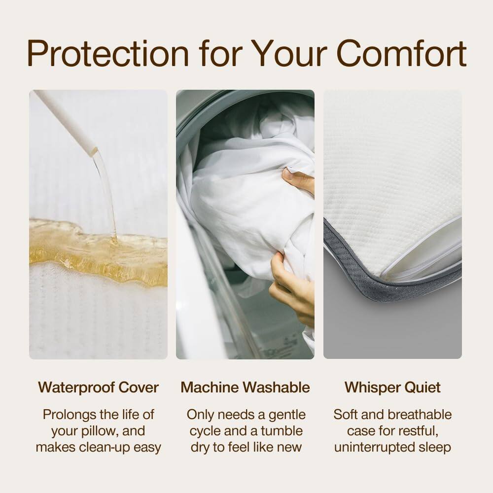 Protection for Your Comfort

Waterproof Cover  
Prolongs the life of your pillow, and makes clean-up easy

Machine Washable  
Only needs a gentle cycle and a tumble dry to feel like new

Whisper Quiet  
Soft and breathable case for restful, uninterrupted sleep