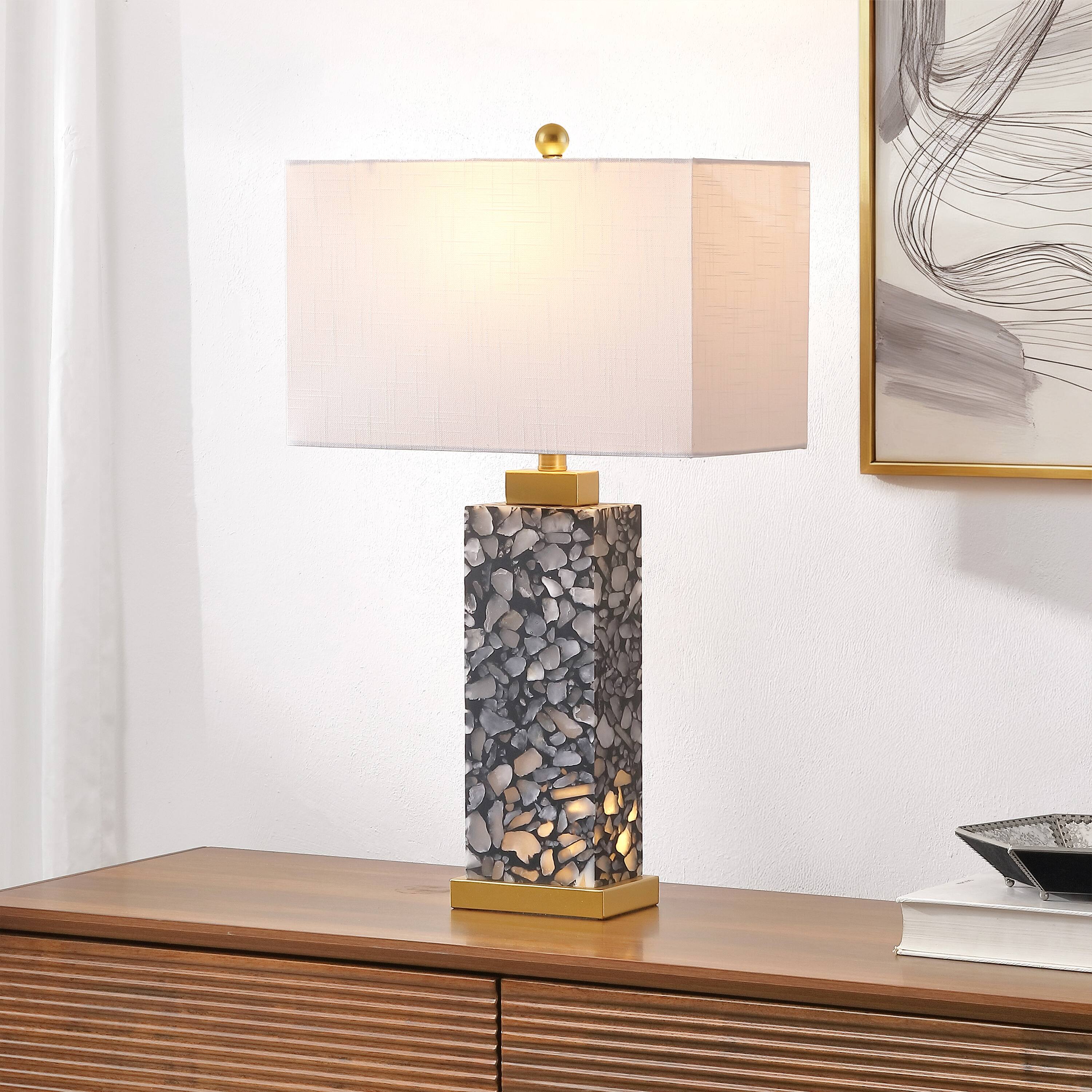 Alt View 1. Jonathan Y - Elizabeth 27.5" Contemporary Rectangular Alabaster Terrazzo LED Table Lamp with Nightlight Base, Black/Gold Painting - Black/Gold Painting.