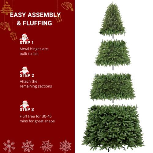 EASY ASSEMBLY & FLUFFING

STEP 1  
Metal hinges are built to last

STEP 2  
Attach the remaining sections

STEP 3  
Fluff tree for 30-45 mins for great shape