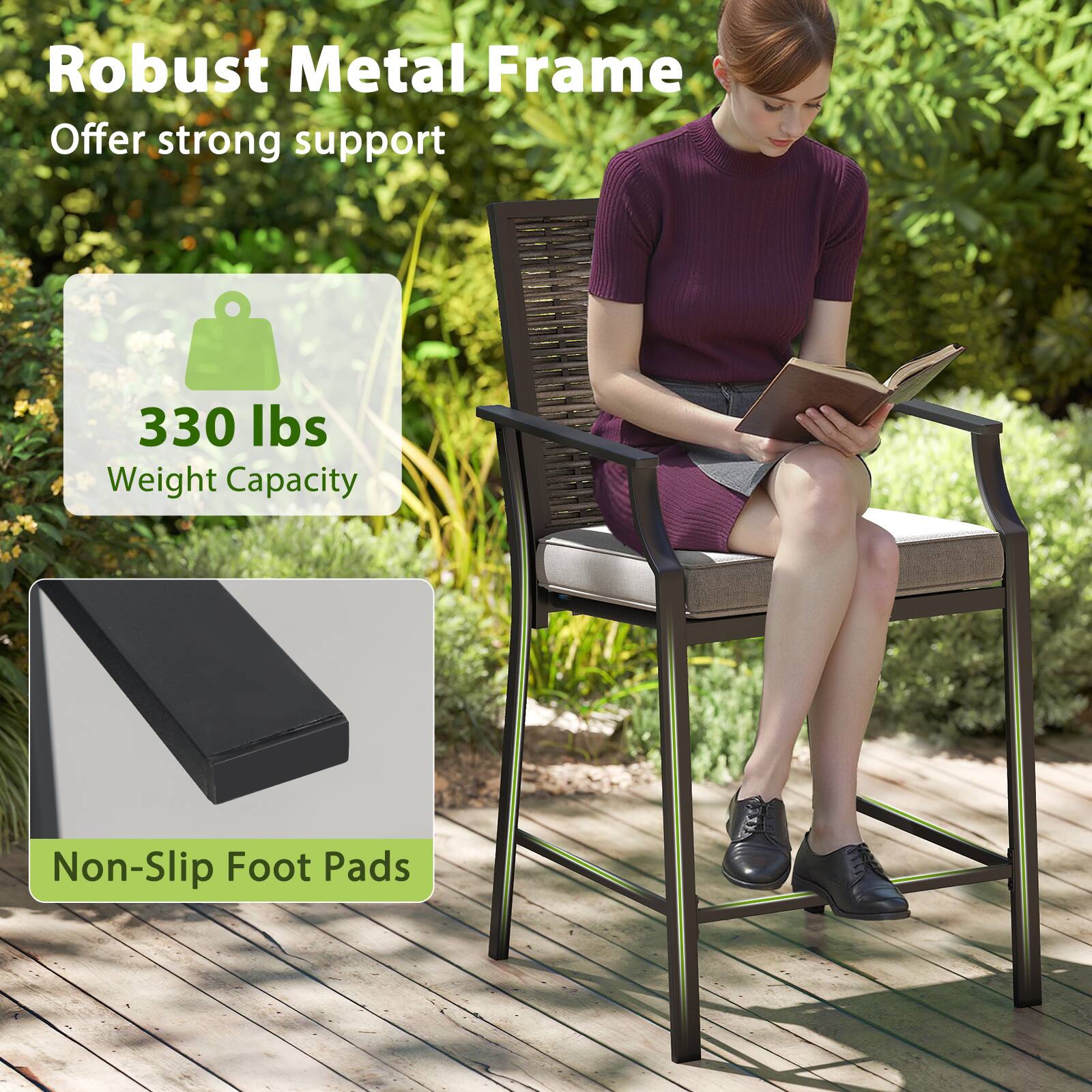 Robust Metal Frame offers strong support. 330 lbs Weight Capacity. Non-Slip Foot Pads.