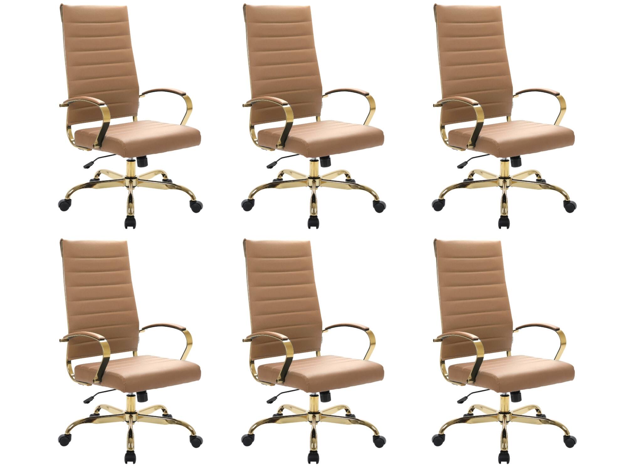 LeisureMod - Set of 6 Benmar Modern High-Back Leather Conference Office Chair with Gold Steel Frame, Swivel, and Tilt - Light Brown