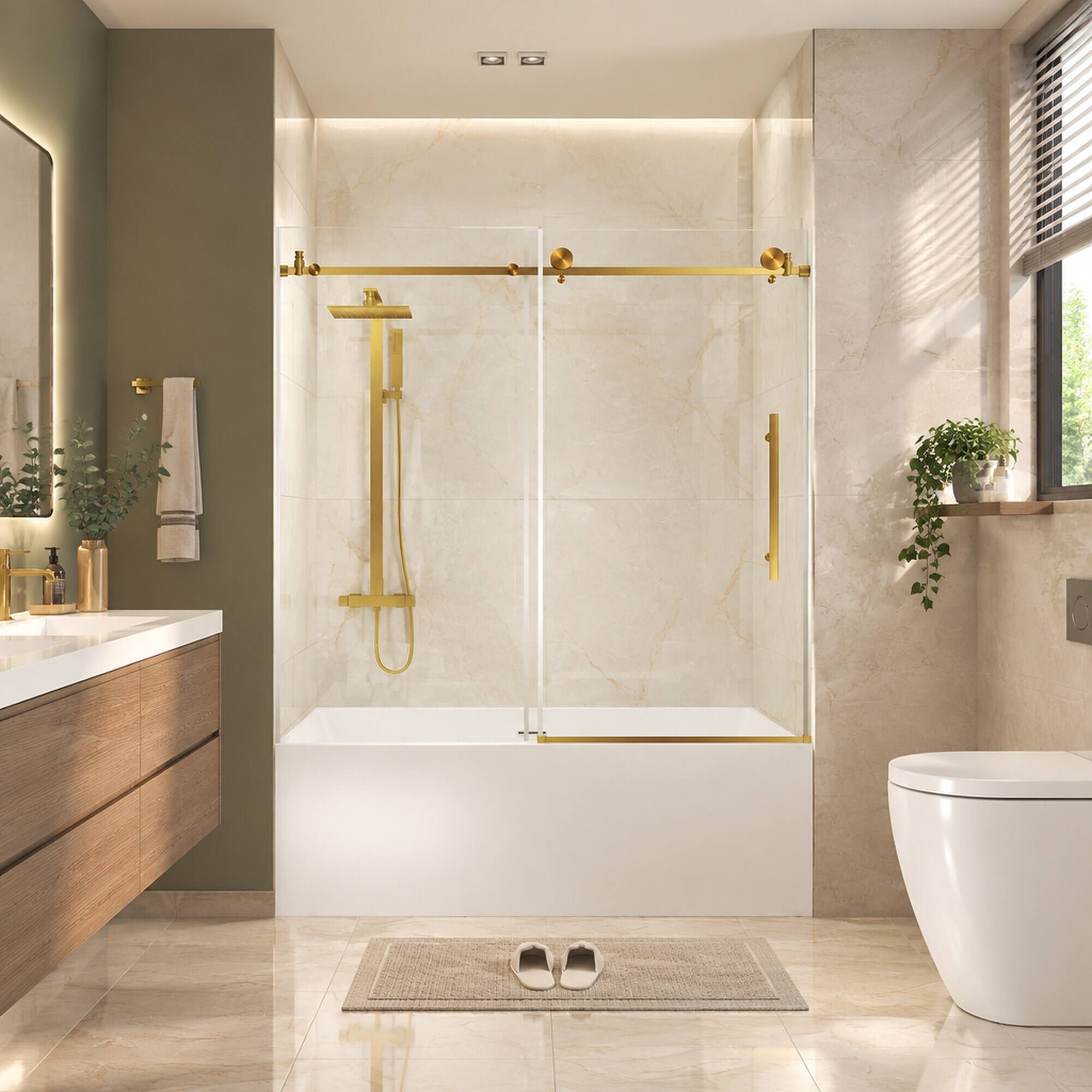 Alt View 3. RYHNUYNE - Frameless Shower Door 56-60" W X 60" H With 1/4" Clear Tempered Glass, Brushed Gold Steel Handle - Brushed Gold.