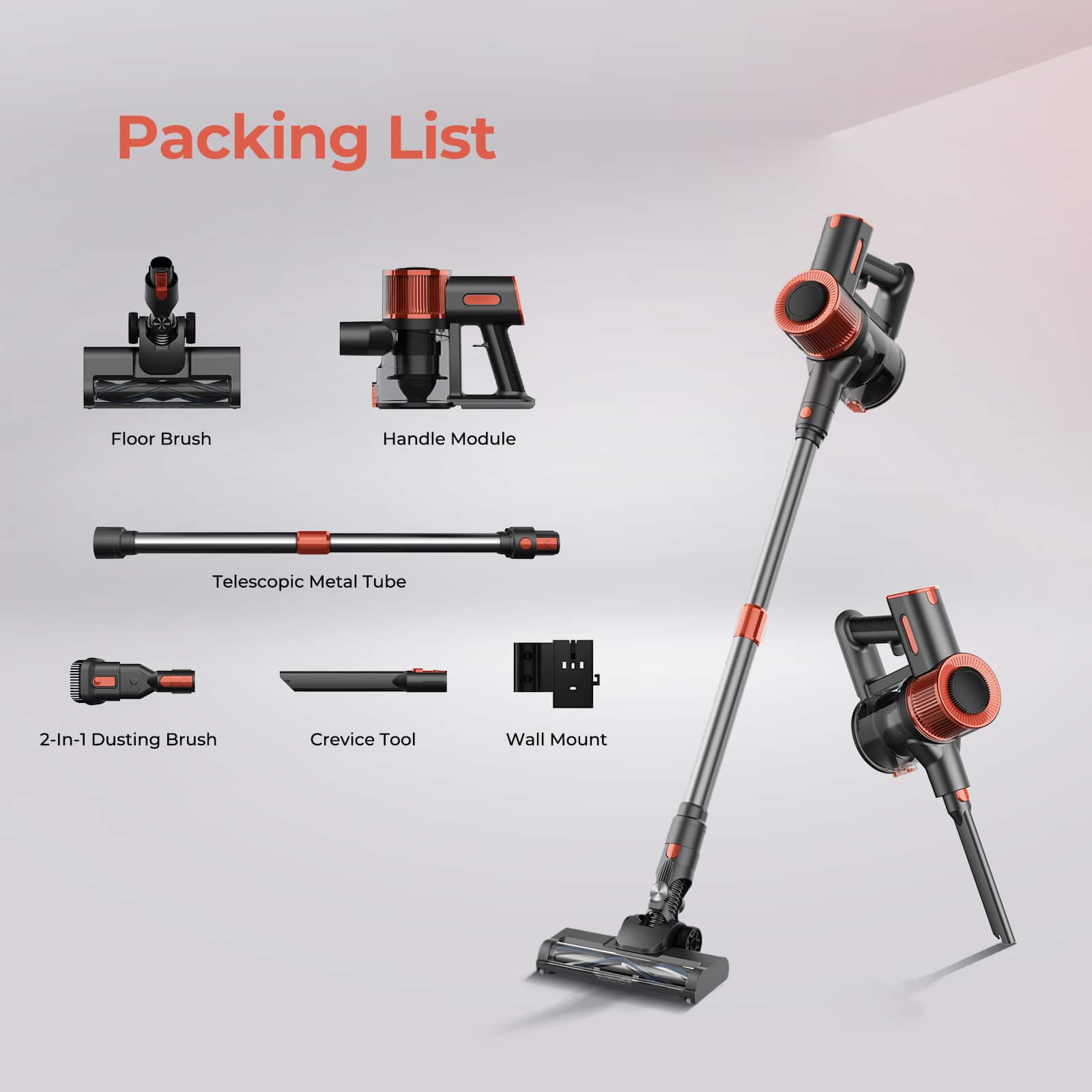 Packing List

- Floor Brush
- Handle Module
- Telescopic Metal Tube
- 2-In-1 Dusting Brush
- Crevice Tool
- Wall Mount