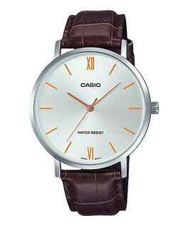 Casio - Men’s Silver Analog Watch with Orange Accents and Leather Strap - MTP-VT01L-7B2 - Brown