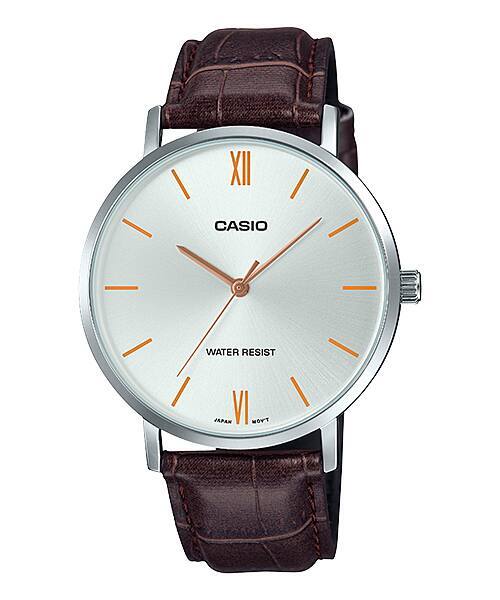 Casio - Men’s Silver Analog Watch with Orange Accents and Leather Strap - MTP-VT01L-7B2 - Brown