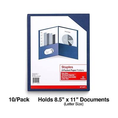 Staples 2-Pocket Paper Folders  
Dark Blue  
100-sheet Capacity  
Business Card 10 Letter Size Folders  
ST13377  
10/Pack  
Holds 8.5" x 11" Documents (Letter Size)