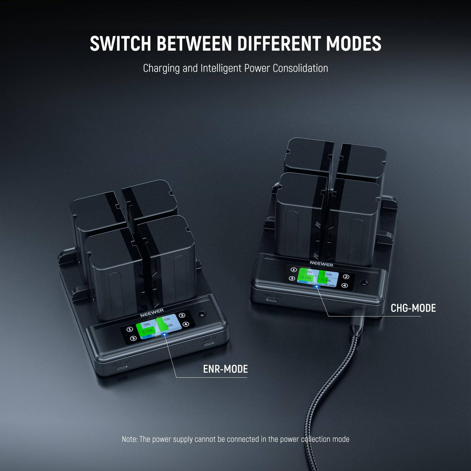 SWITCH BETWEEN DIFFERENT MODES  
Charging and Intelligent Power Consolidation  

NEEWER 10 IN 1 CHG-MODE ENR-MODE  

Note: The power supply cannot be connected in the power collection mode