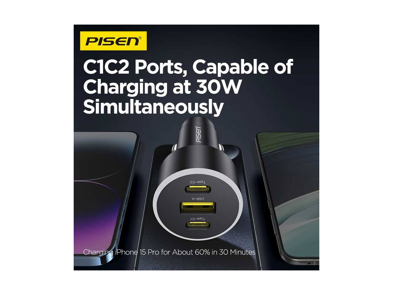 PISEN C1C2 Ports, Capable of Charging at 30W Simultaneously

Type-C2
USB-A
Type-C1

Charging iPhone 15 Pro for About 60% in 30 Minutes