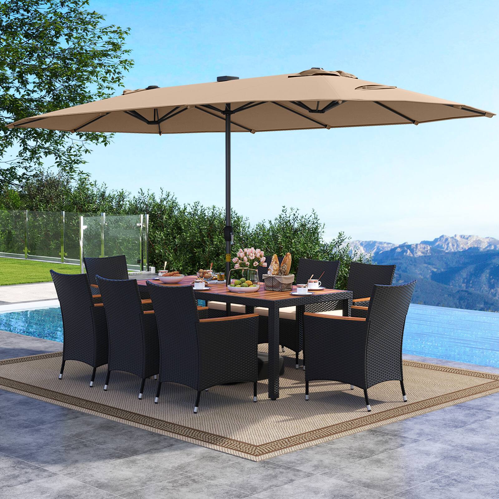 Alt View 1. Gymax - Gymax Set Of 11 Patio Dining Set w/ 15ft Double-Sided Patio Umbrella (Base Included) Coffee - Coffee.