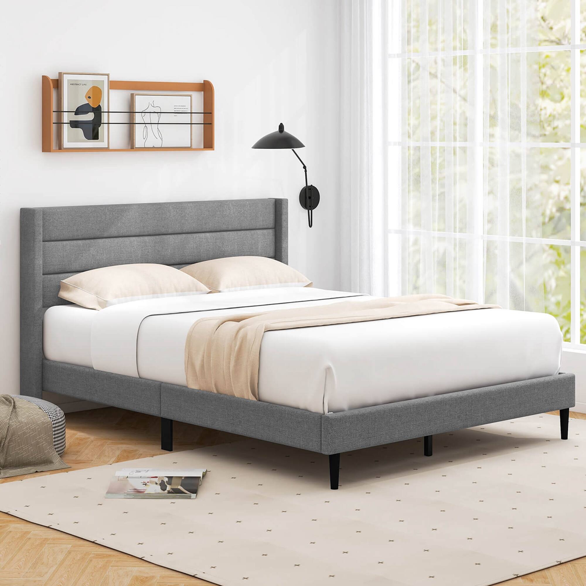 Alt View 4. Costway - Queen Bed Frame with Wingback Headboard Linen Upholstered Platform Bed - Grey.