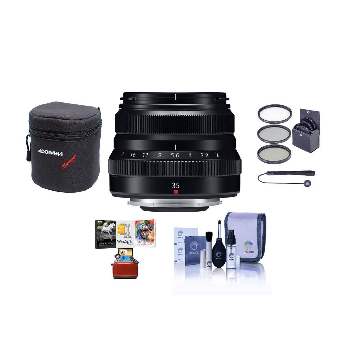 Fujifilm - XF 35mm f/2 R WR Lens, Black, Bundle with 43mm Filter Kit, Lens Case, Cleaning Kit, Lens Cap Tether, Mac