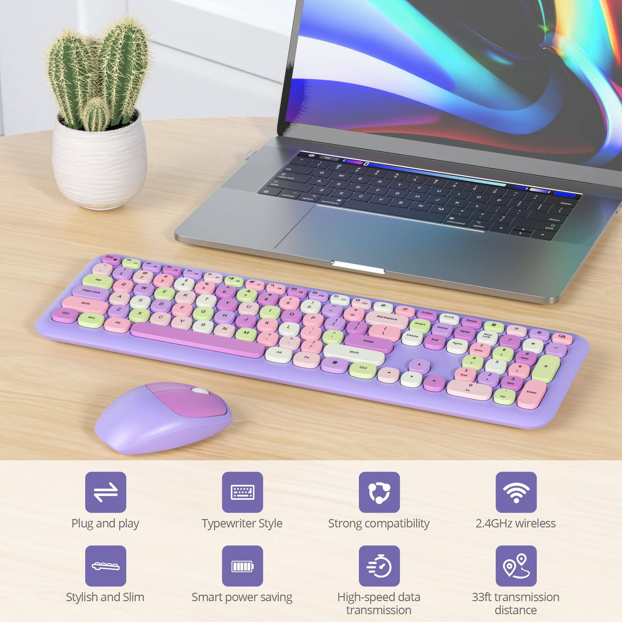 - Plug and play
- Typewriter Style
- Strong compatibility
- 2.4GHz wireless
- Stylish and Slim
- Smart power saving
- High-speed data transmission
- 33ft transmission distance