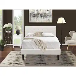 East West Furniture - NL19F-1DE05 2 Piece Bed Set - 1 Full Bedframe Fabric Headboard and 1 Night Stand - White Finish Nightstand - White Velvet