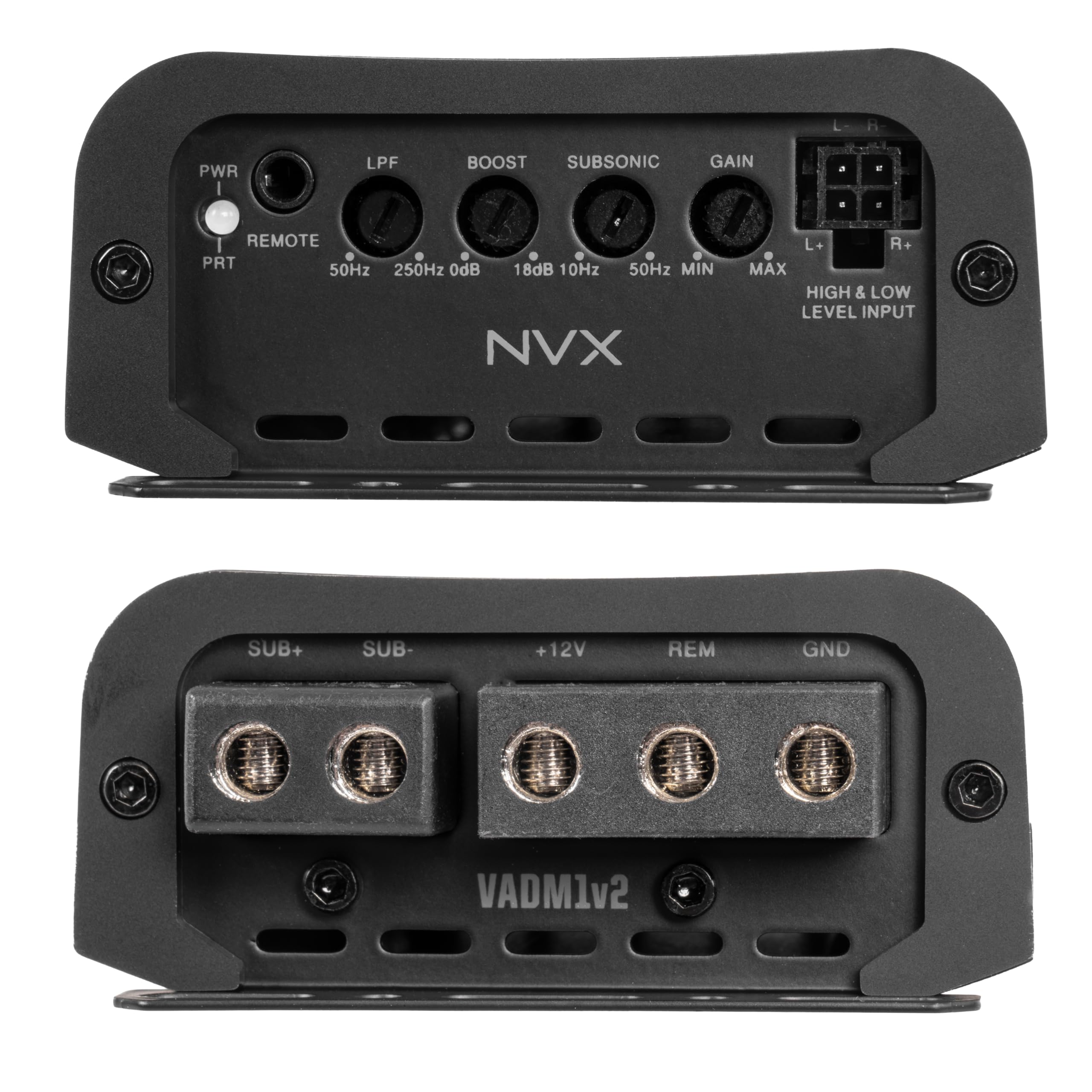PWR | LPF BOOST SUBSONIC GAIN  
REMOTE PWR 18dB 10Hz 50Hz MIN 50Hz 250Hz 0dB  
NVX L+ R+ MAX HIGH & LOW LEVEL INPUT SUB+ SUB-  
12V REM GND  
VADM1v2