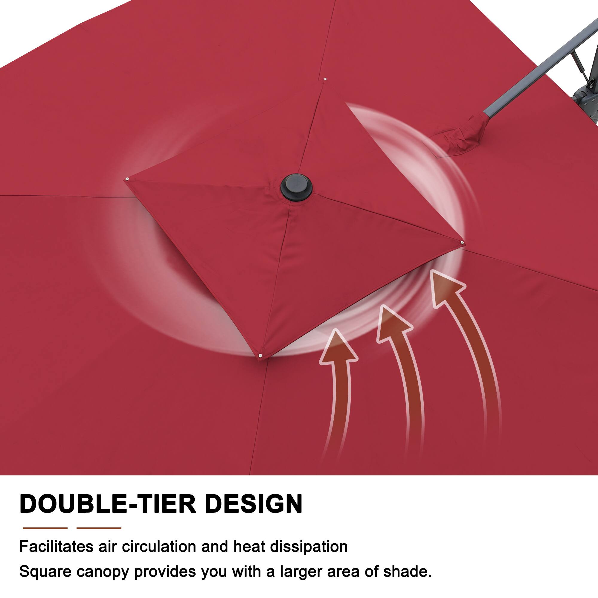 DOUBLE-TIER DESIGN  
Facilitates air circulation and heat dissipation  
Square canopy provides you with a larger area of shade.