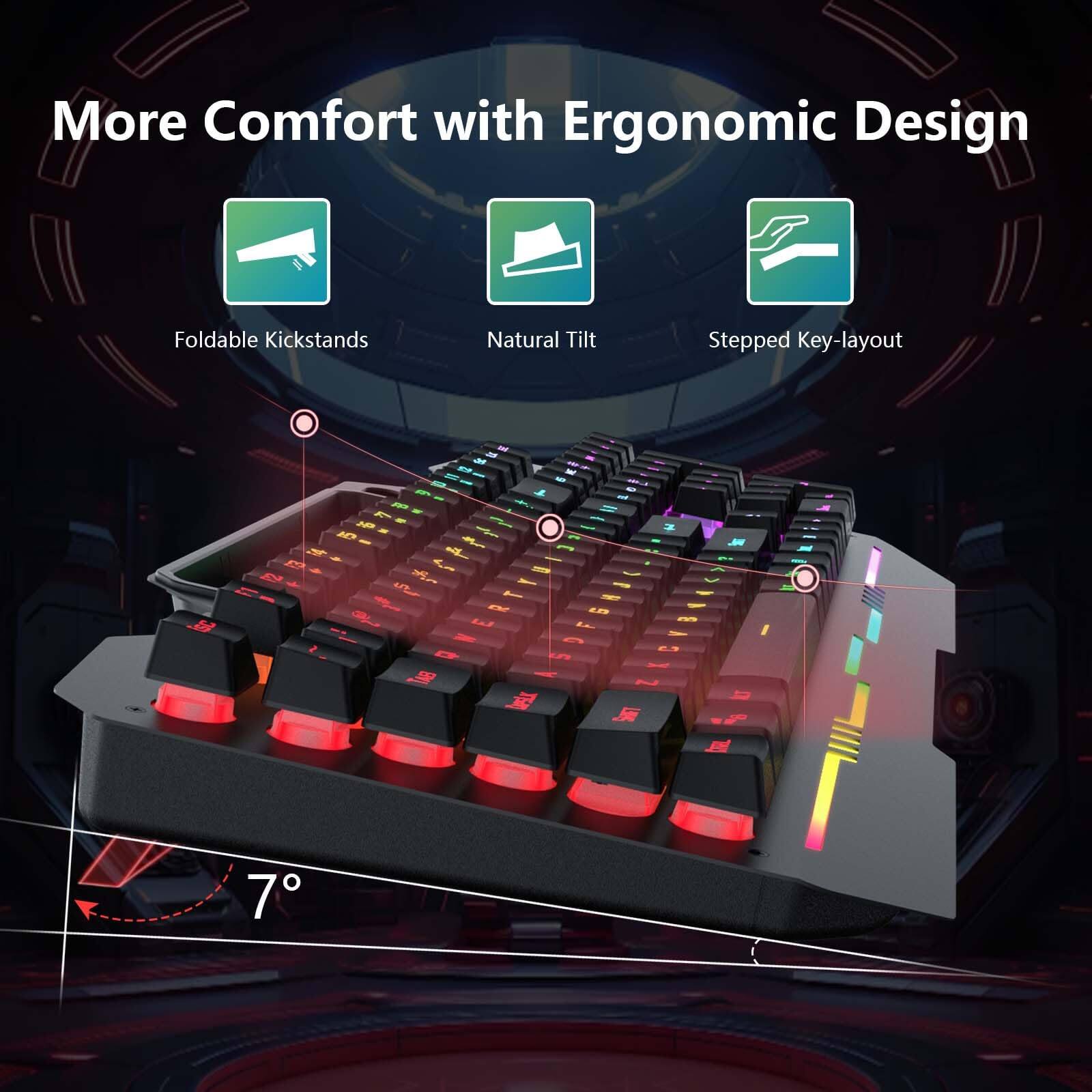 More Comfort with Ergonomic Design

- Foldable Kickstands
- Natural Tilt
- Stepped Key-layout

7°