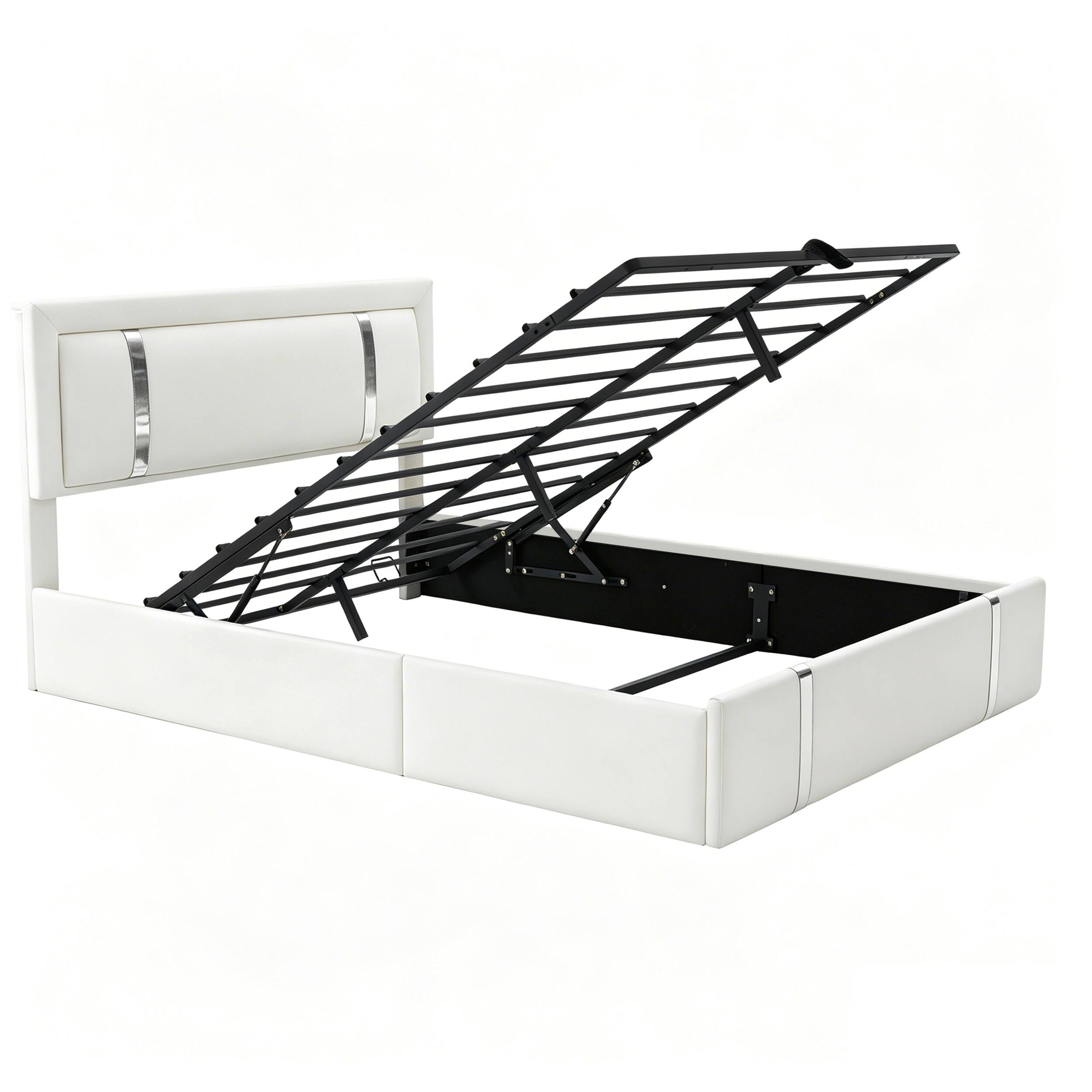 Alt View 6. LUCKY ONE - Queen Size Lift Up Storage Bed Frame with Adjustable LED Lights Headboard, USB-C Charging Ports - White.
