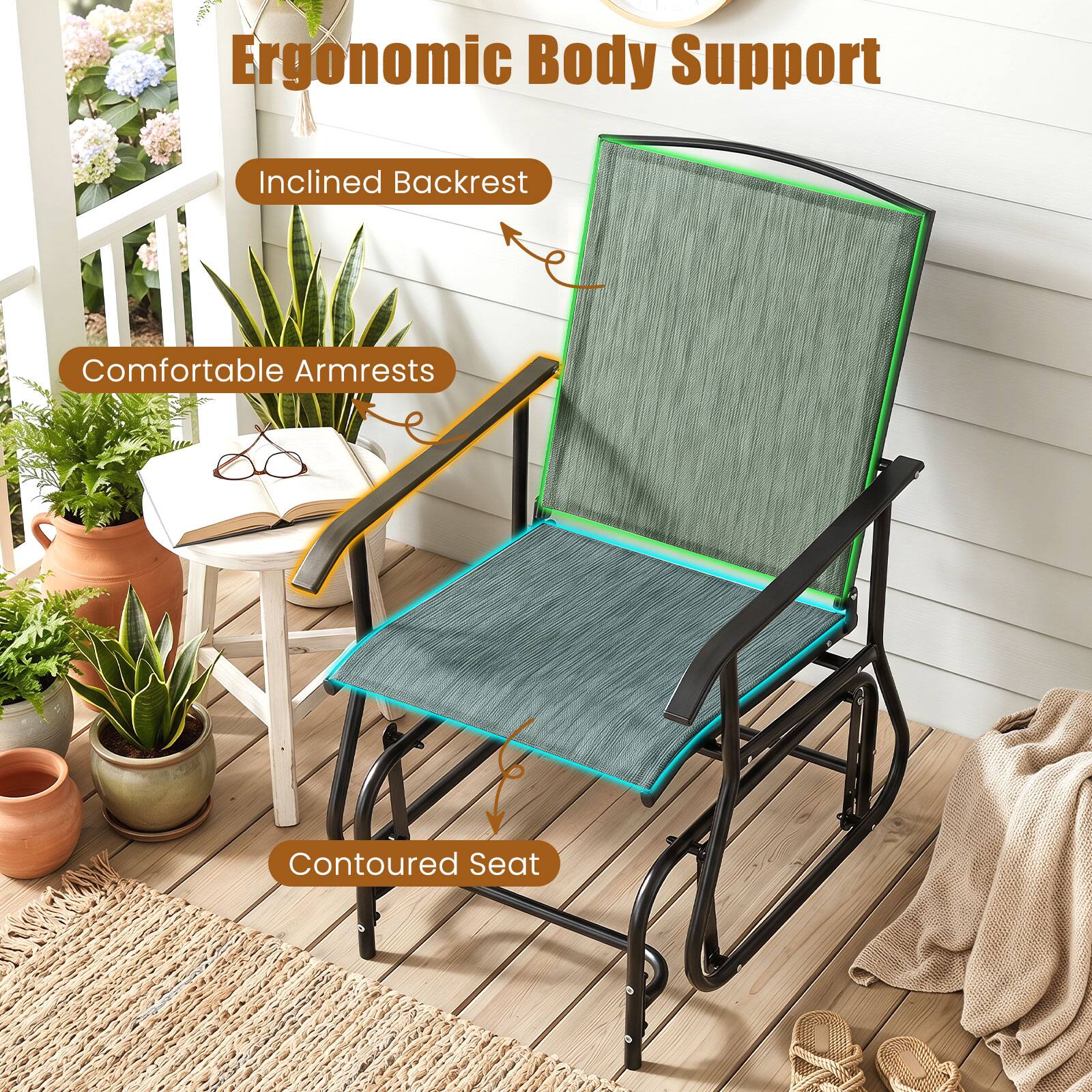 Ergonomic Body Support  
Inclined Backrest  
Comfortable Armrests  
Contoured Seat