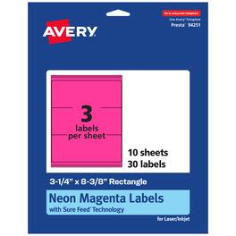 Avery - Printable Rectangle Labels, Neon Magenta, 3-1/4" x 8-3/8", 30ct - Pink