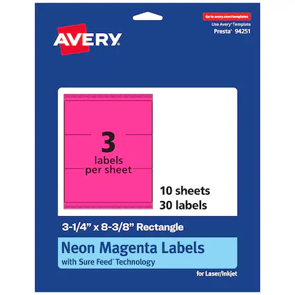 Go to avery.com/templates
AVERY
Use Avery Template Presta® 94251
3 labels per sheet
10 sheets
30 labels
3-1/4" x 8-3/8" Rectangle
Neon Magenta Labels with Sure Feed Technology for Laser/Inkjet