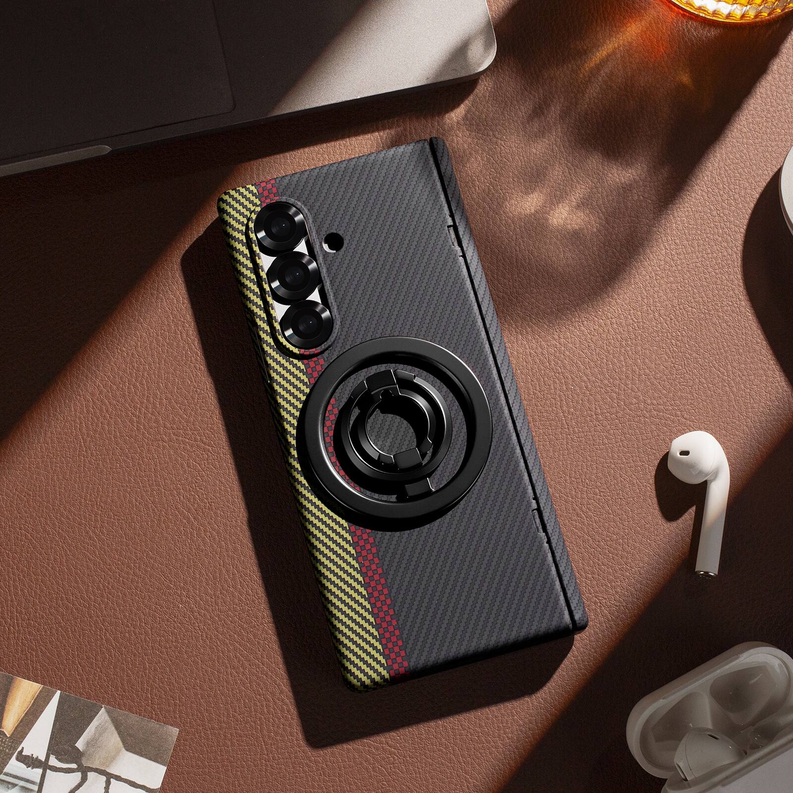 Angle. Dteck - Strong Magnetic Case for Samsung Galaxy Z Fold8 Ultra with Removable Ring Stand, Full Hinge Protection with Screen Cover - Black.