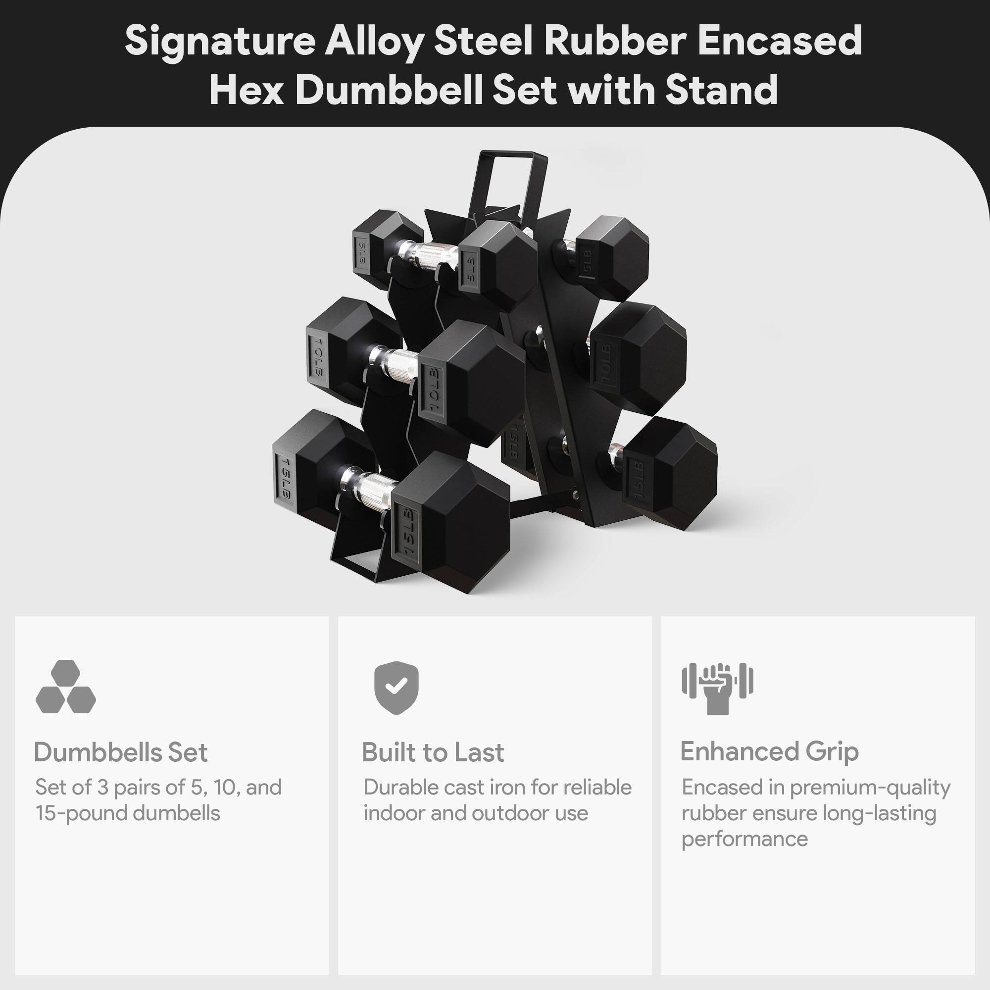 Signature Alloy Steel Rubber Encased Hex Dumbbell Set with Stand

- Dumbbells Set
  - Set of 3 pairs of 5, 10, and 15-pound dumbbells

- Built to Last
  - Durable cast iron for reliable indoor and outdoor use

- Enhanced Grip
  - Encased in premium-quality rubber to ensure long-lasting performance
