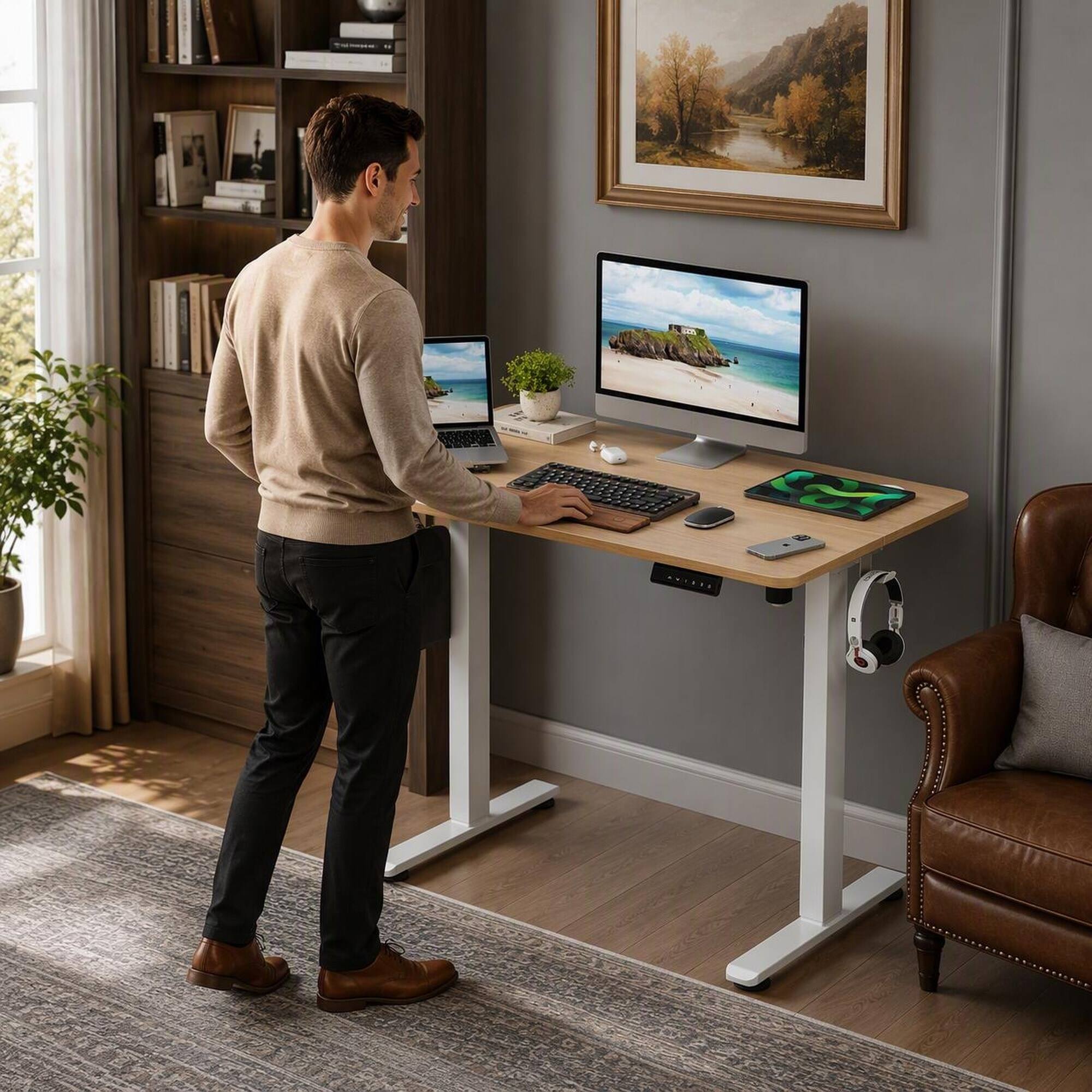 Angle. RYHNUYNE - Adjustable Electric Standing Desk, 40 x 24 inch Sit Stand Home Office Desk, Carbon Steel Frame, Memory Control Panel - Natural.