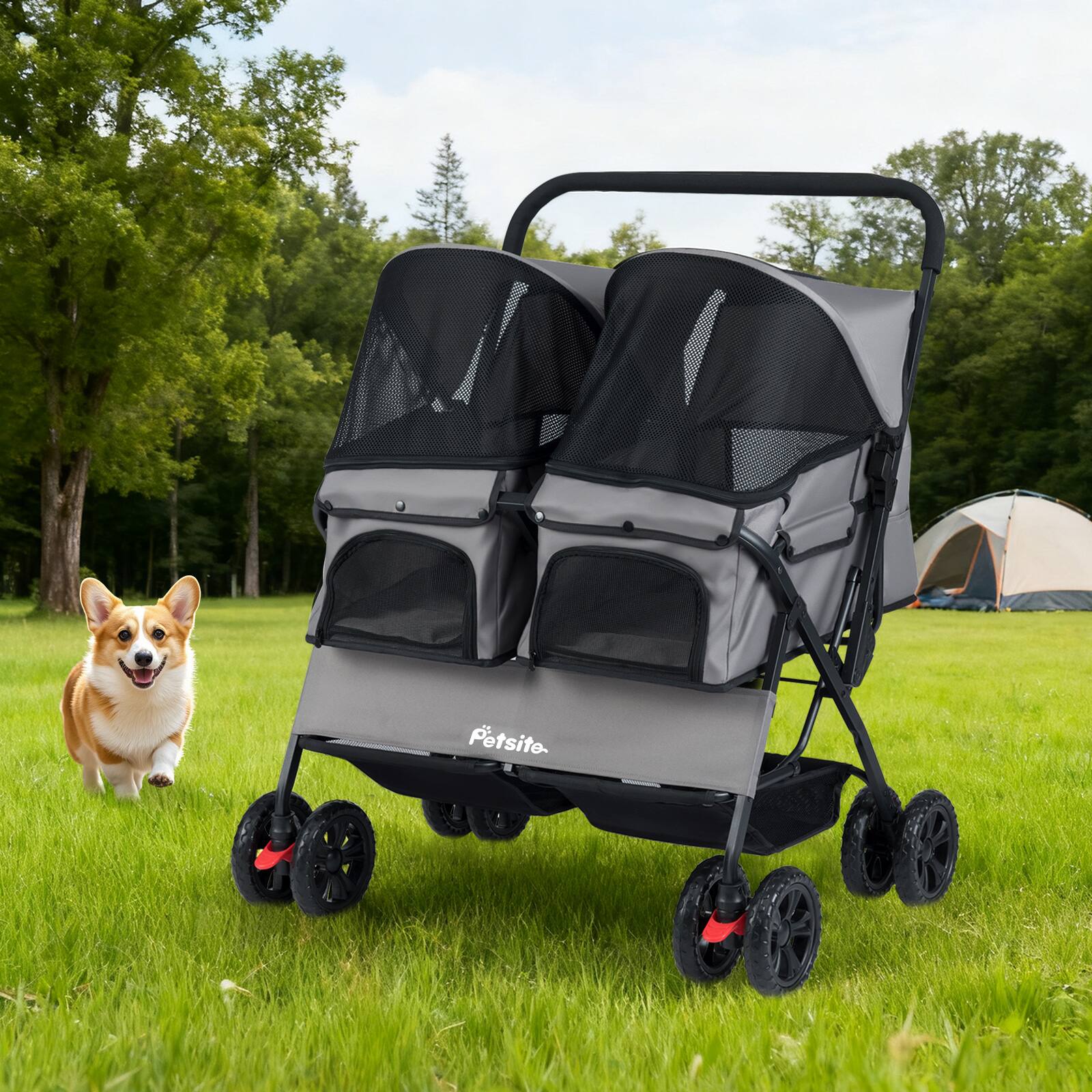 Alt View 4. Gymax - Gymax Double Pet Stroller w/ 2-seater Carrier Adjustable Sunshade Removable Pad Gray.