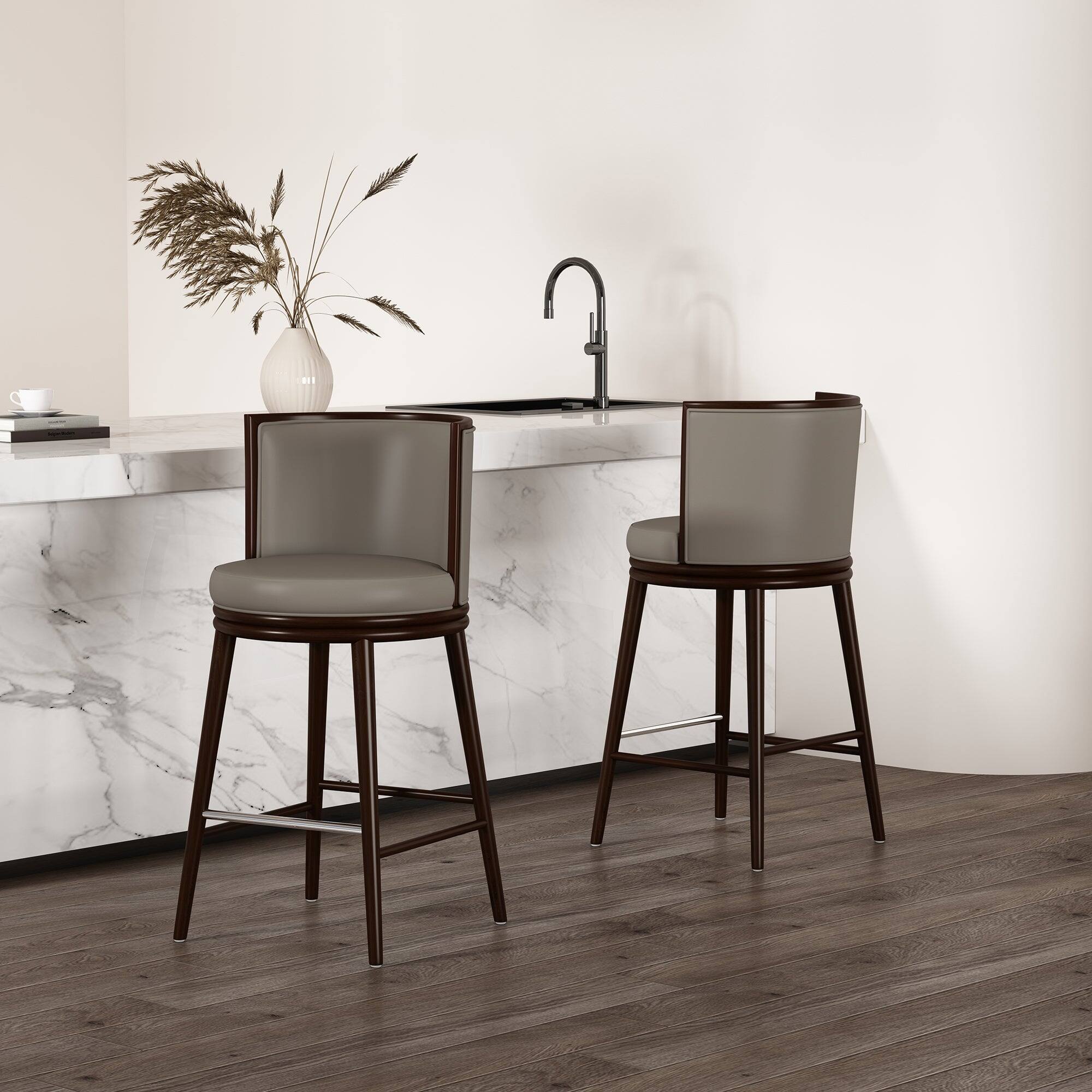 Angle. Manhattan Comfort - Evalyn Modern Wood Upholstered Barstool - Set of 2 - Taupe.