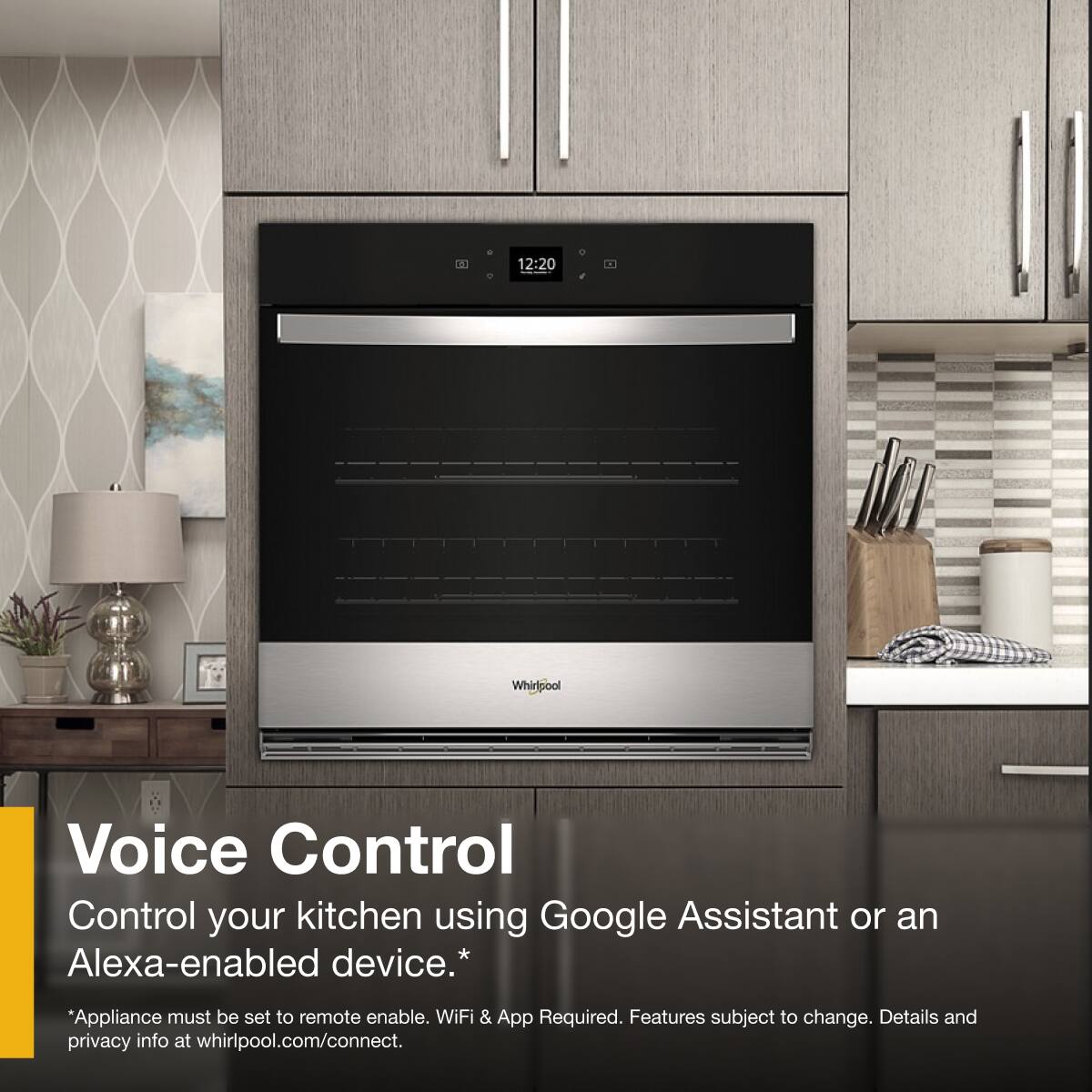 Voice Control  
Control your kitchen using Google Assistant or an Alexa-enabled device.*  
*Appliance must be set to remote enable. WiFi & App Required. Features subject to change. Details and privacy info at whirlpool.com/connect.