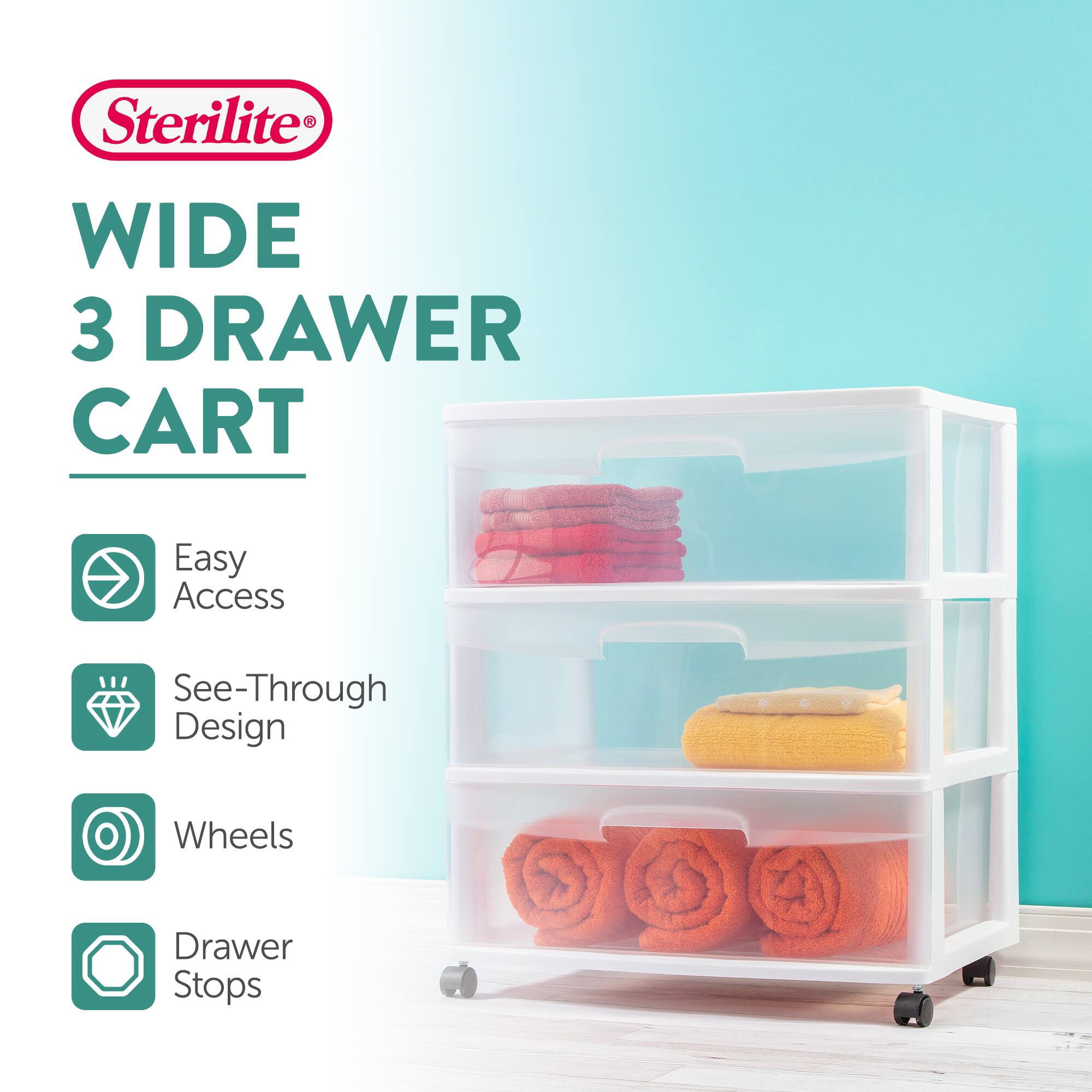 Sterilite®  
WIDE 3 DRAWER CART  

- Easy Access  
- See-Through Design  
- Wheels  
- Drawer Stops