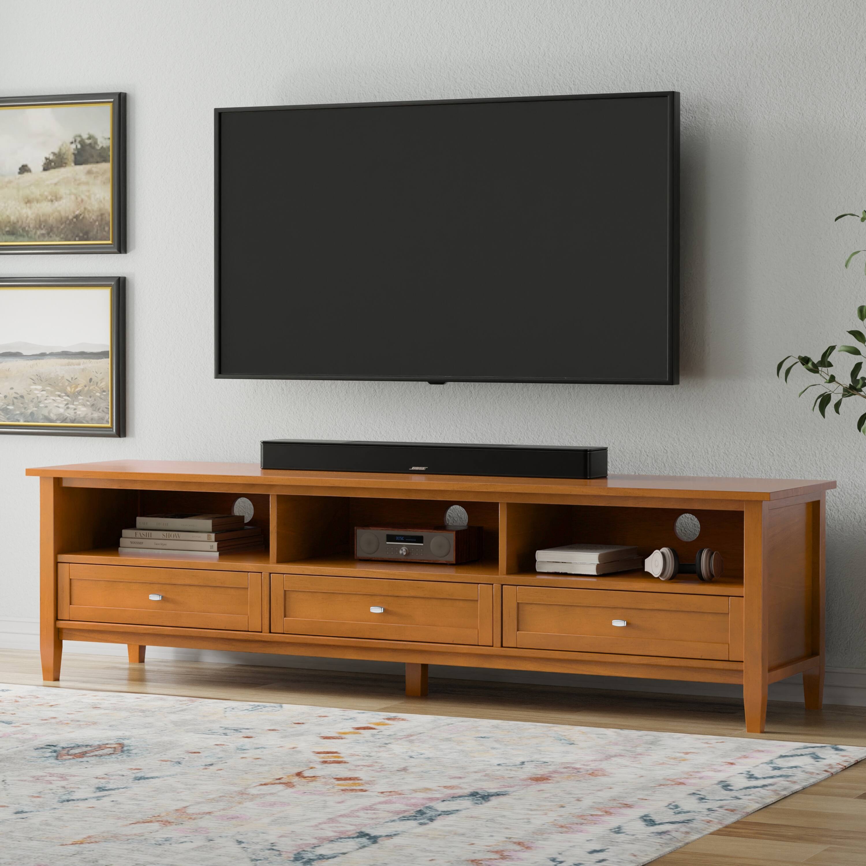 Angle. Simpli Home - Warm Shaker SOLID WOOD 72 inch Wide Transitional TV Media Stand in Light Golden Brown For TVs up to 80 inches - Light Golden Brown.