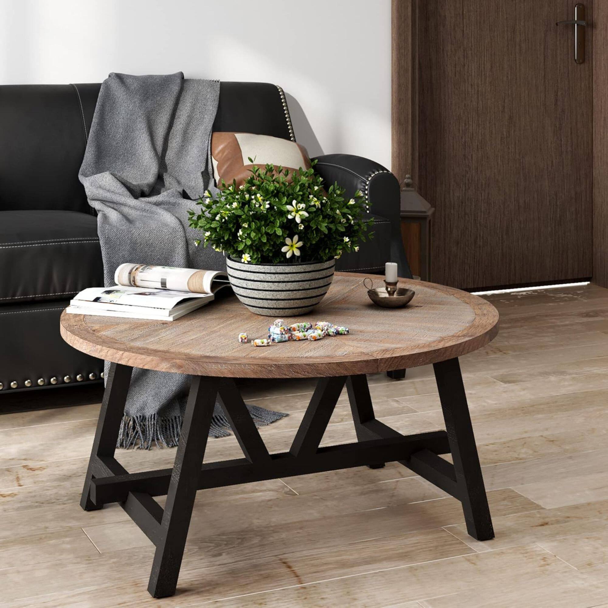 Alt View 8. COZAYH - COZAYH Rustic Farmhouse Round Coffee Table with Geometric Base for Living Room - Black & Brown.