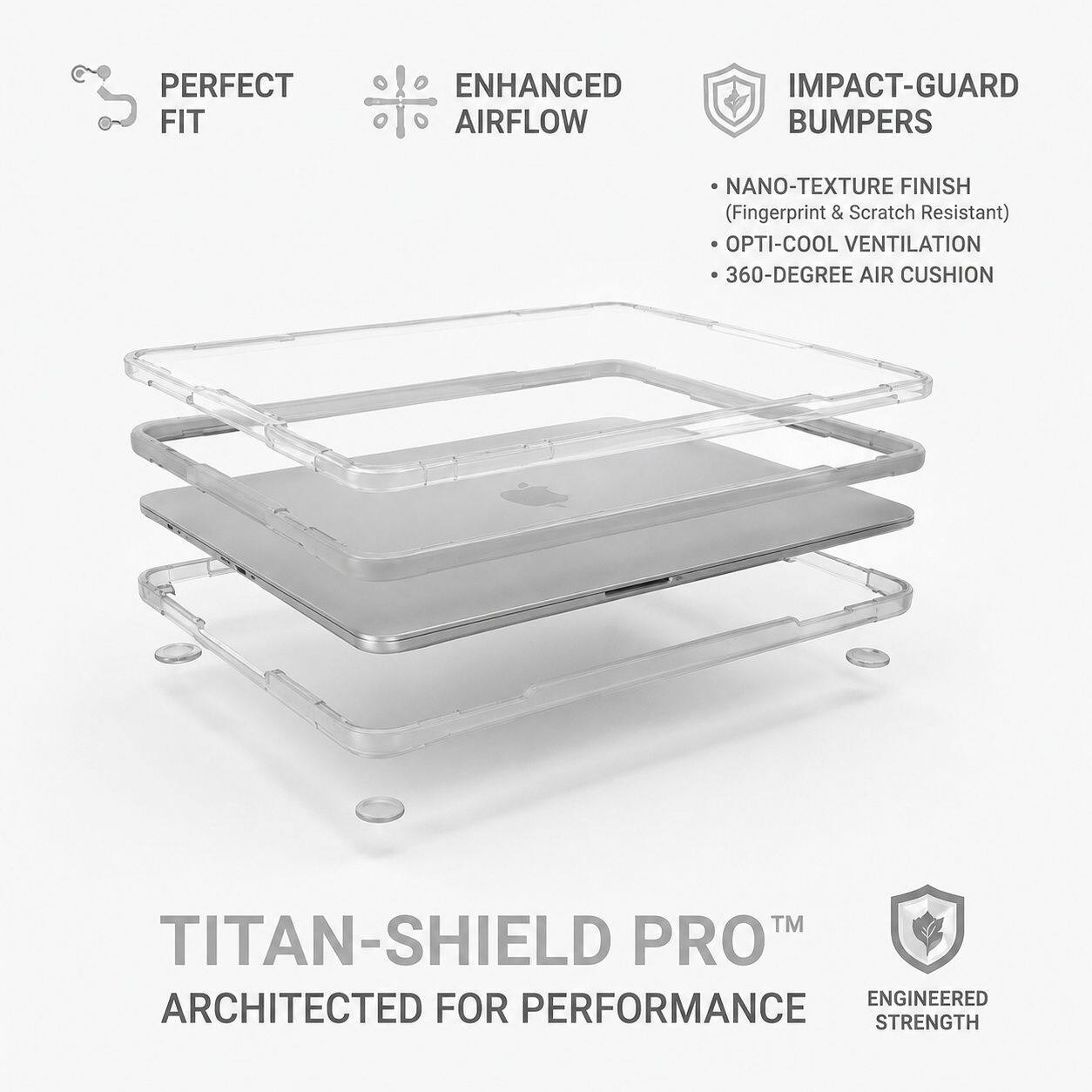 PERFECT FIT  
ENHANCED AIRFLOW  
IMPACT-GUARD BUMPERS  
NANO-TEXTURE FINISH (Fingerprint & Scratch Resistant)  
OPTI-COOL VENTILATION  
360-DEGREE AIR CUSHION™  
TITAN-SHIELD PRO  
ENGINEERED FOR PERFORMANCE STRENGTH