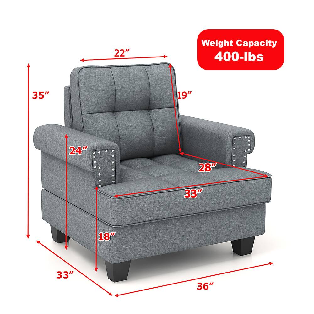 Weight Capacity: 400-lbs

Dimensions:
- Height: 35"
- Width: 36"
- Depth: 33"
- Seat Height: 18"
- Seat Depth: 33"
- Armrest Height: 22"
- Armrest Width: 19"
- Back Height: 24"
- Back Width: 28"