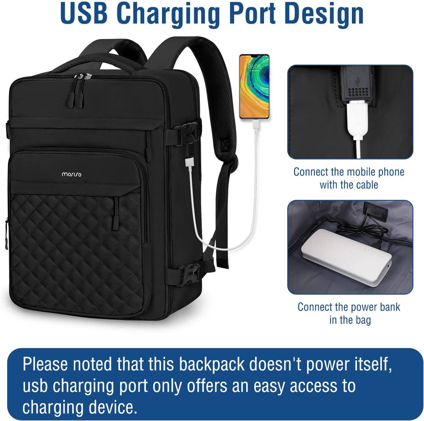 USB Charging Port Design

Connect the mobile phone with the cable
Connect the power bank in the bag

Please noted that this backpack doesn't power itself, usb charging port only offers an easy access to charging device.