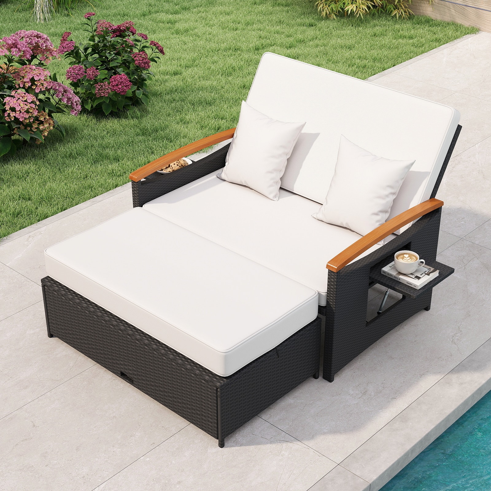 Gymax - Patio Rattan Daybed Set w/Cushioned Loveseat & Storage Ottoman for Porch Outdoor - White
