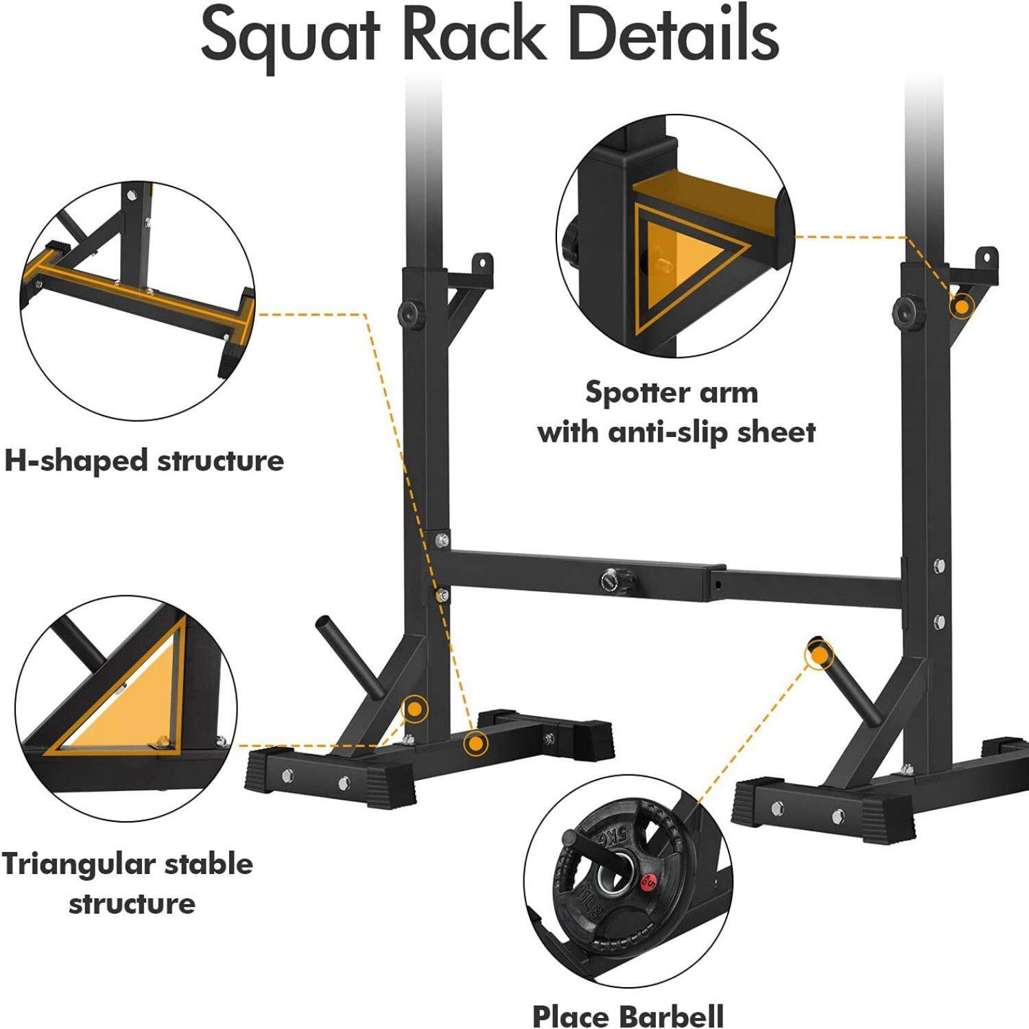 Squat Rack Details

- H-shaped structure
- Spotter arm with anti-slip sheet
- Triangular stable structure
- Place Barbell