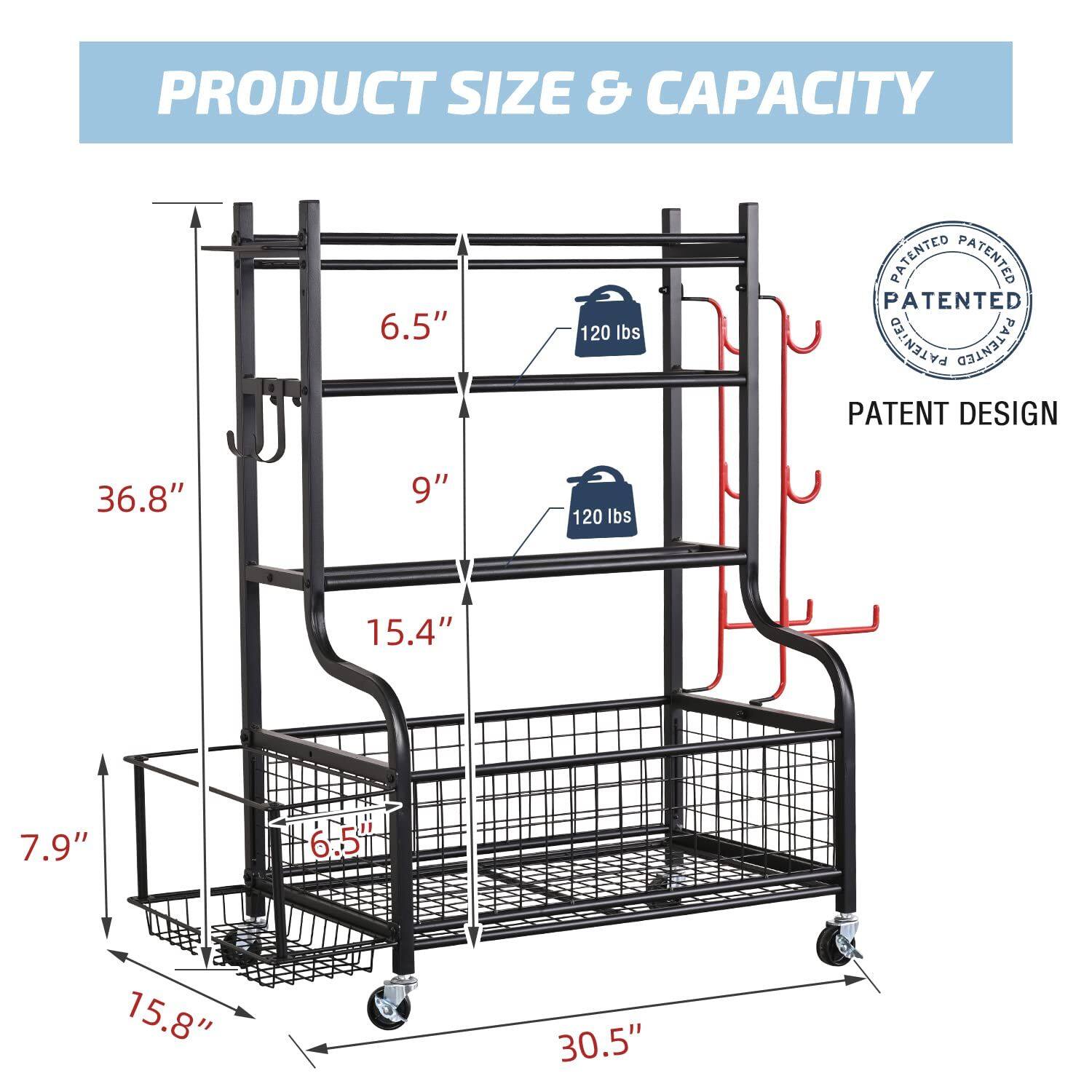 PRODUCT SIZE & CAPACITY

- 36.8" (height)
- 15.8" (width)
- 7.9" (depth)
- 6.5" (top shelf height)
- 9" (middle shelf height)
- 15.4" (bottom shelf height)
- 30.5" (overall width)

CAPACITY:
- 120 lbs (top shelf)
- 120 lbs (middle shelf)

PATENT DESIGN