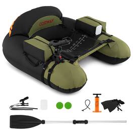 Costway - Inflatable Float Tube with Adjustable Fishing Rod Holder Fish Hook Stator Flippers - Black+Green