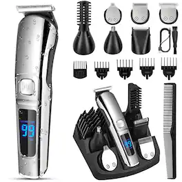 PRIMEPLUS - Beard Trimmer for Men, Waterproof Electric Razor – Nose, Body, Face & Mustache, Cordless Grooming Kit - Silver