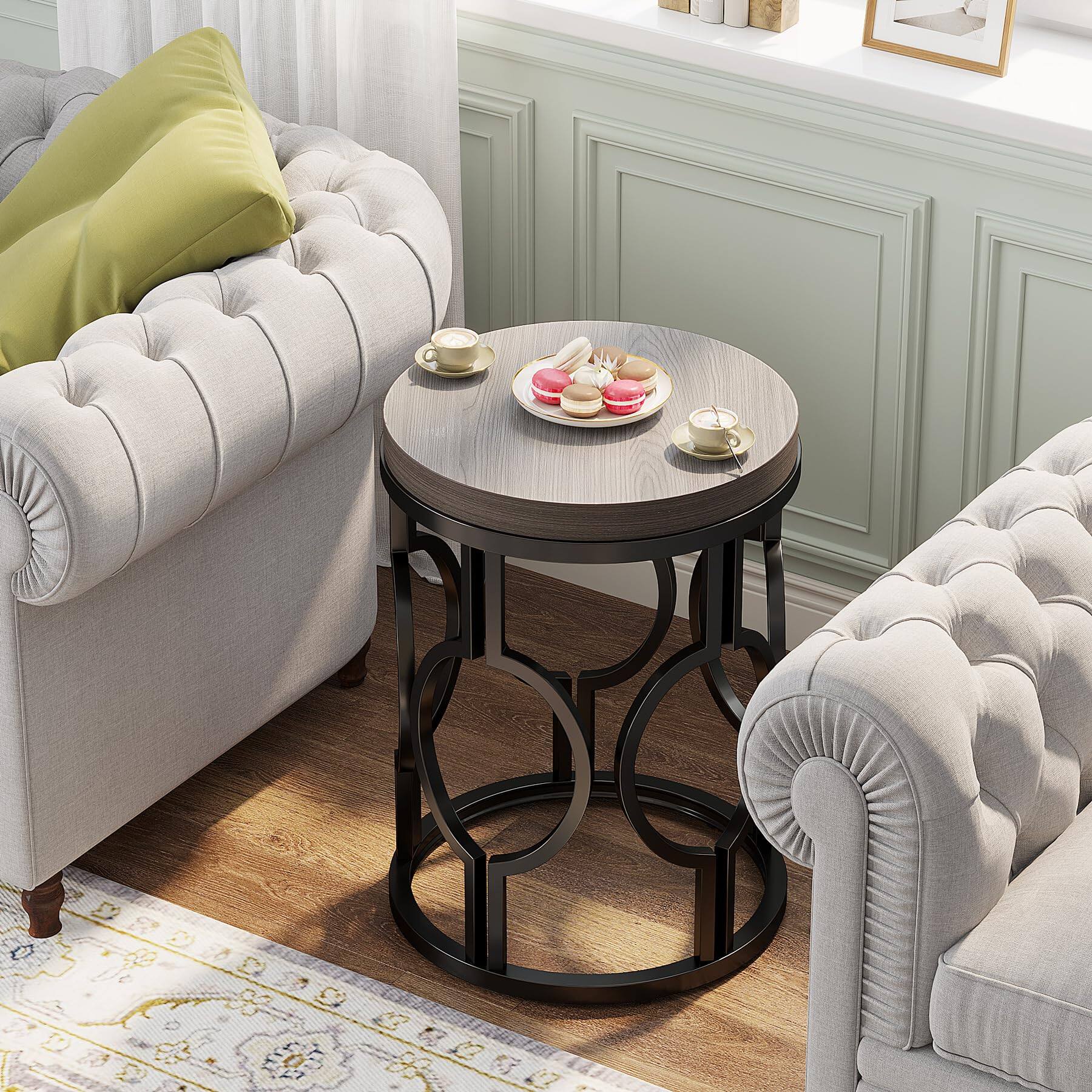 Left. Tribesigns - Round End Table, Industrial Side Table with Metal Hollow Frame, Small Bedside Table Nightstand for Living Room, Bedroom, - Grey.